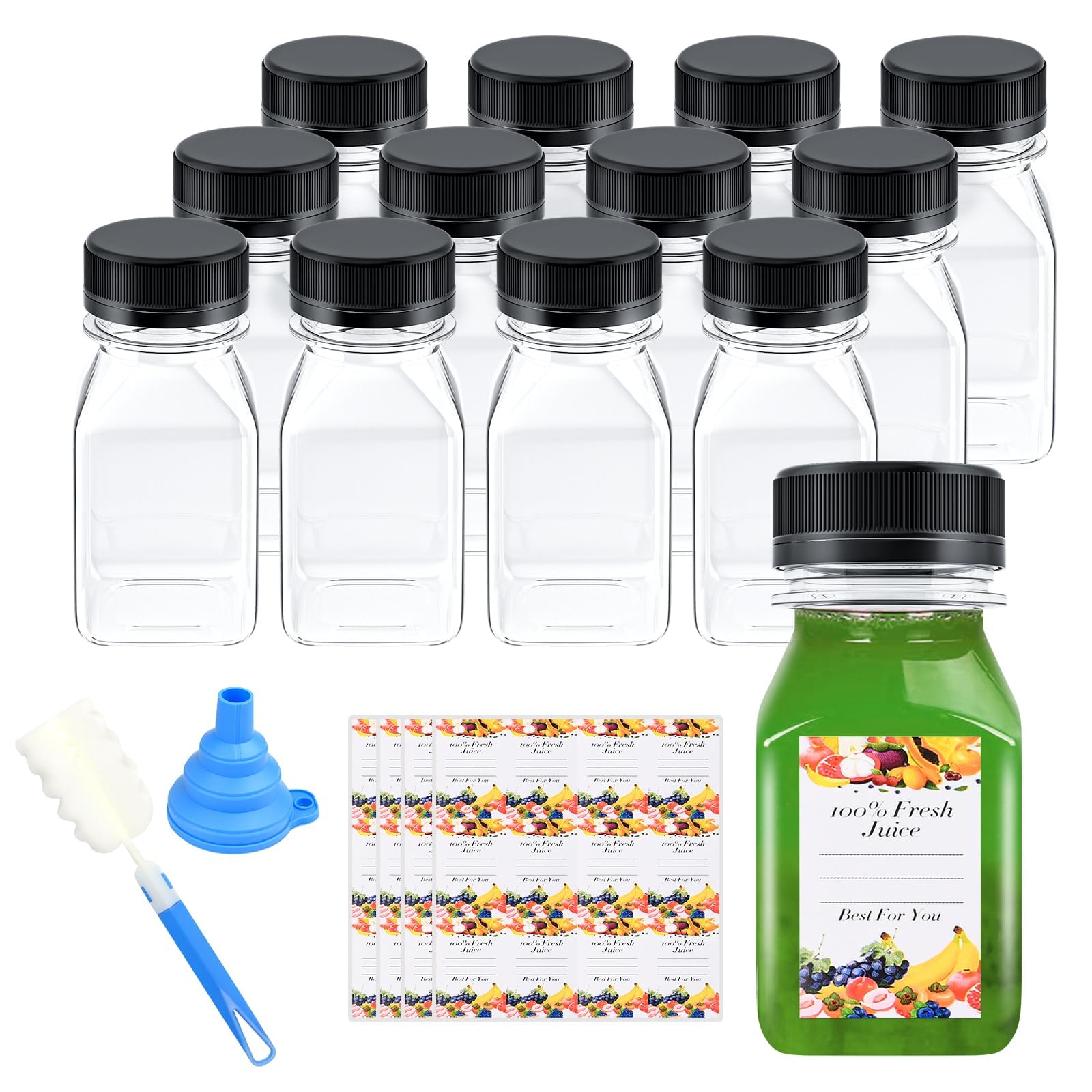 12Pcs 4Oz Bottles With Caps, Empty Juice Bottles For Juicing, Reusable Juice Containers With Labels, Small Clear Plastic Juice B