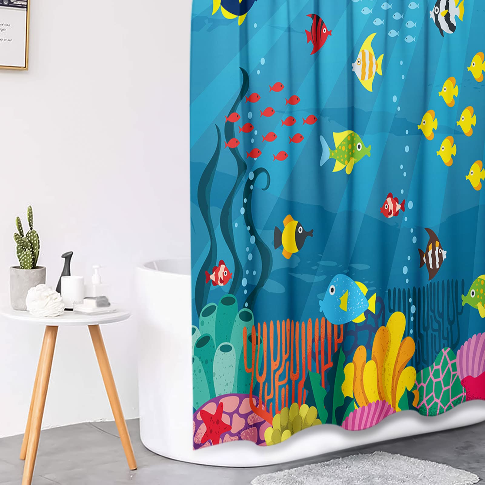 Tayney Tropical Fish Shower Curtain Set With Toilet Lid Cover And Non-Slip Rugs, Cartoon Underwater World 4 Pcs Shower Curtain W