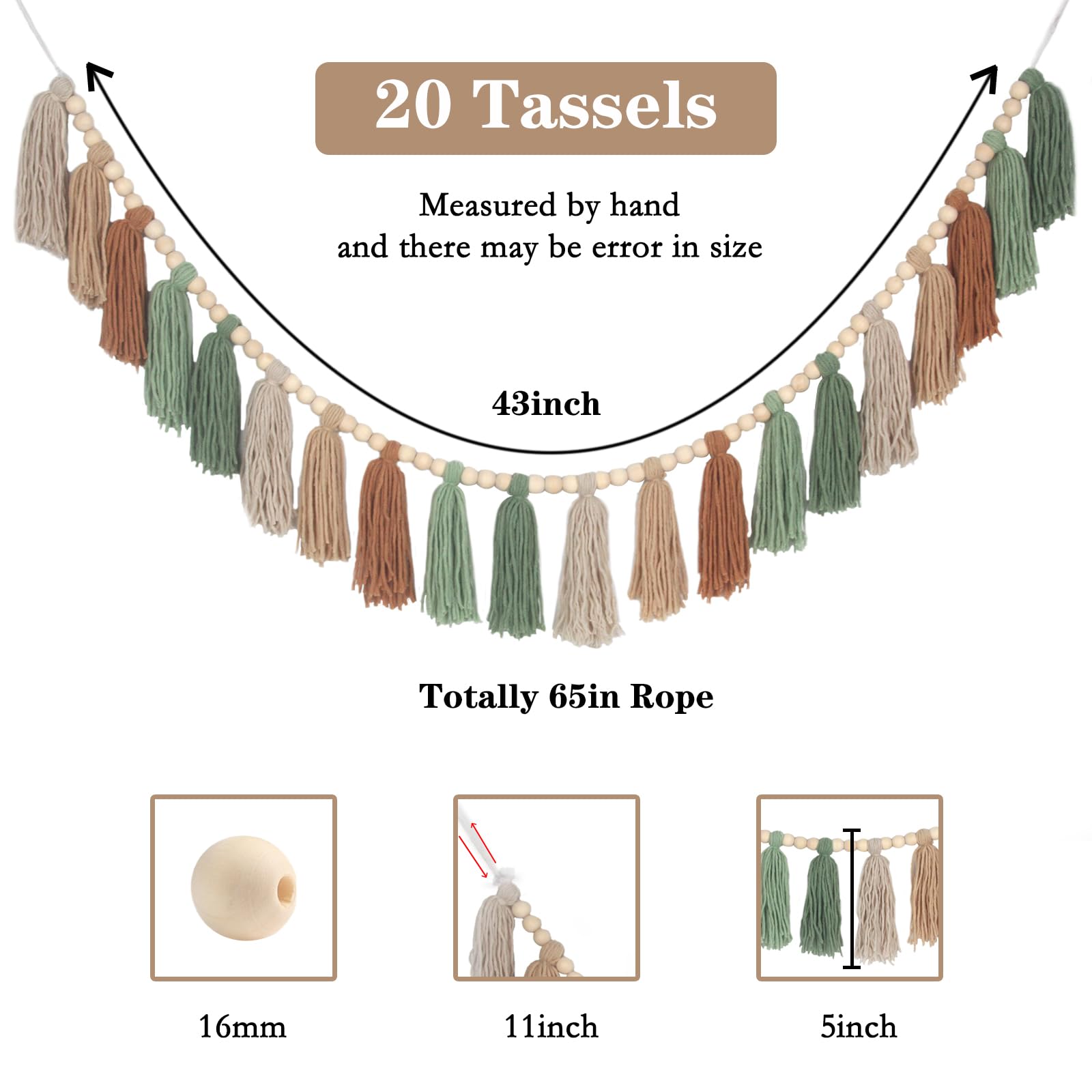 Tasruwat Sage Green Brown Boho Yarn Wood Bead Tassel Garland Wall Hanging Decor Neutral Earth Tone Woodland Banner Tassels for N