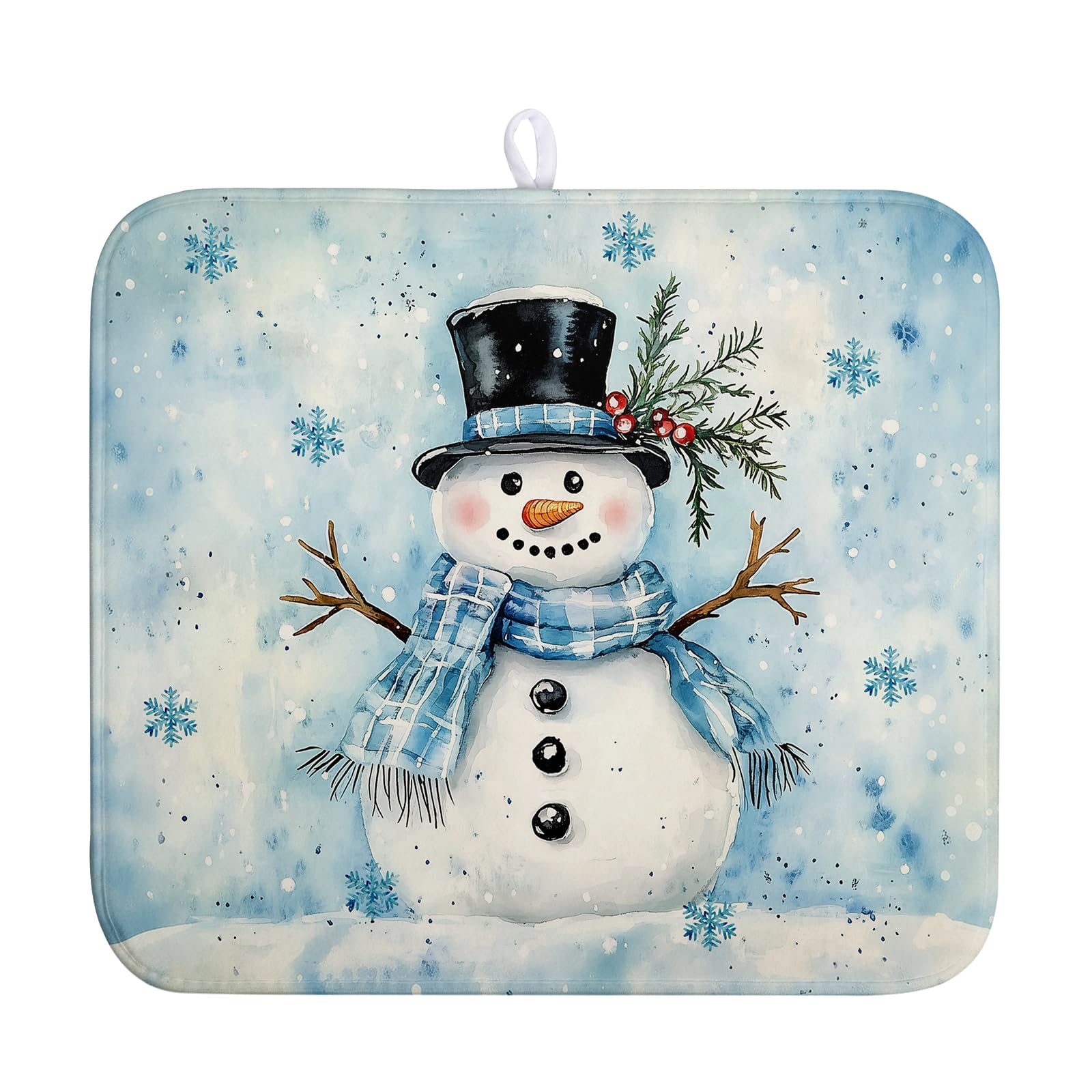 Blue Snowman Snowflake Christmas Dish Drying Rack - 16x18 Inch Absorbent Microfiber Mat for Home Coffee Bar