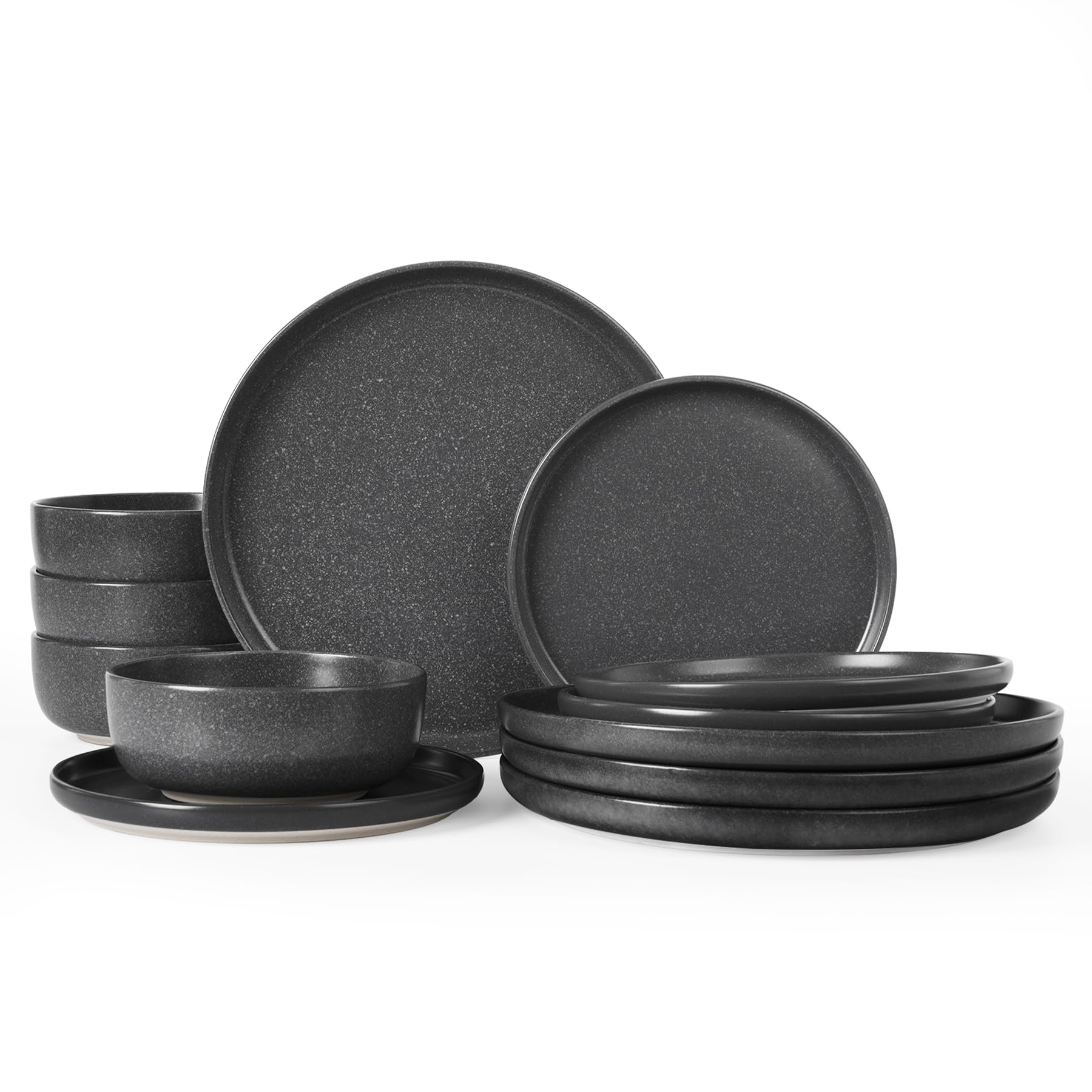 Famiware Milkyway Plates and Bowls Sets, 12 Pieces Dinnerware Sets, Reactive Glaze Dish Set, Stoneware Dishes Set for 4, Matte D