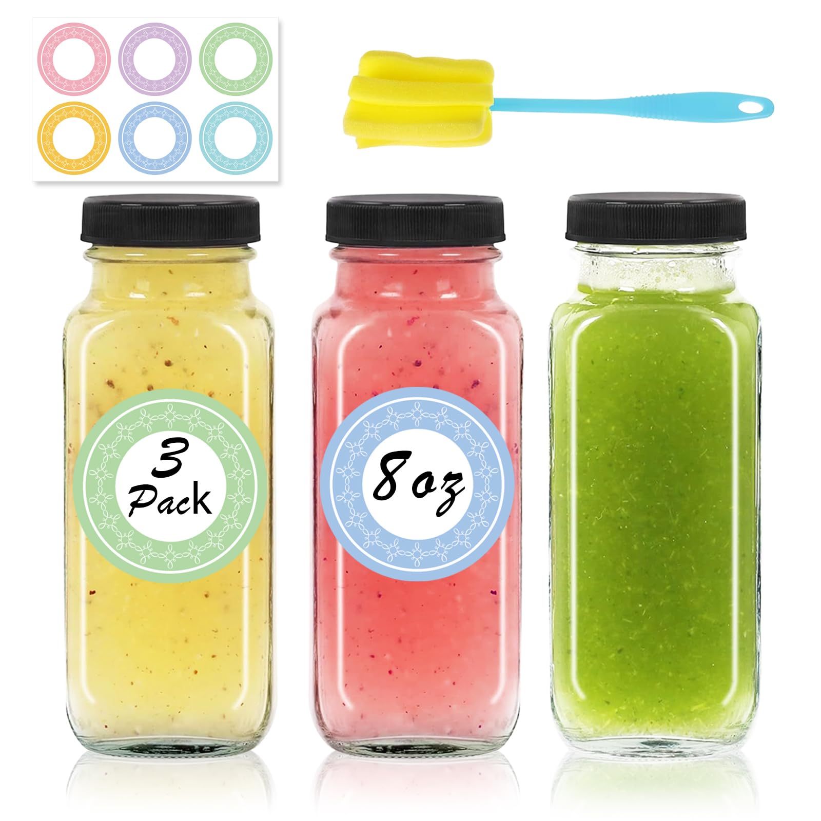 NEWMIAO 3 pack 8 oz Glass Juice Bottles with Lids, 250 ml Reusable Glass Water Bottles, Empty Drink Containers Drinking Jars wit