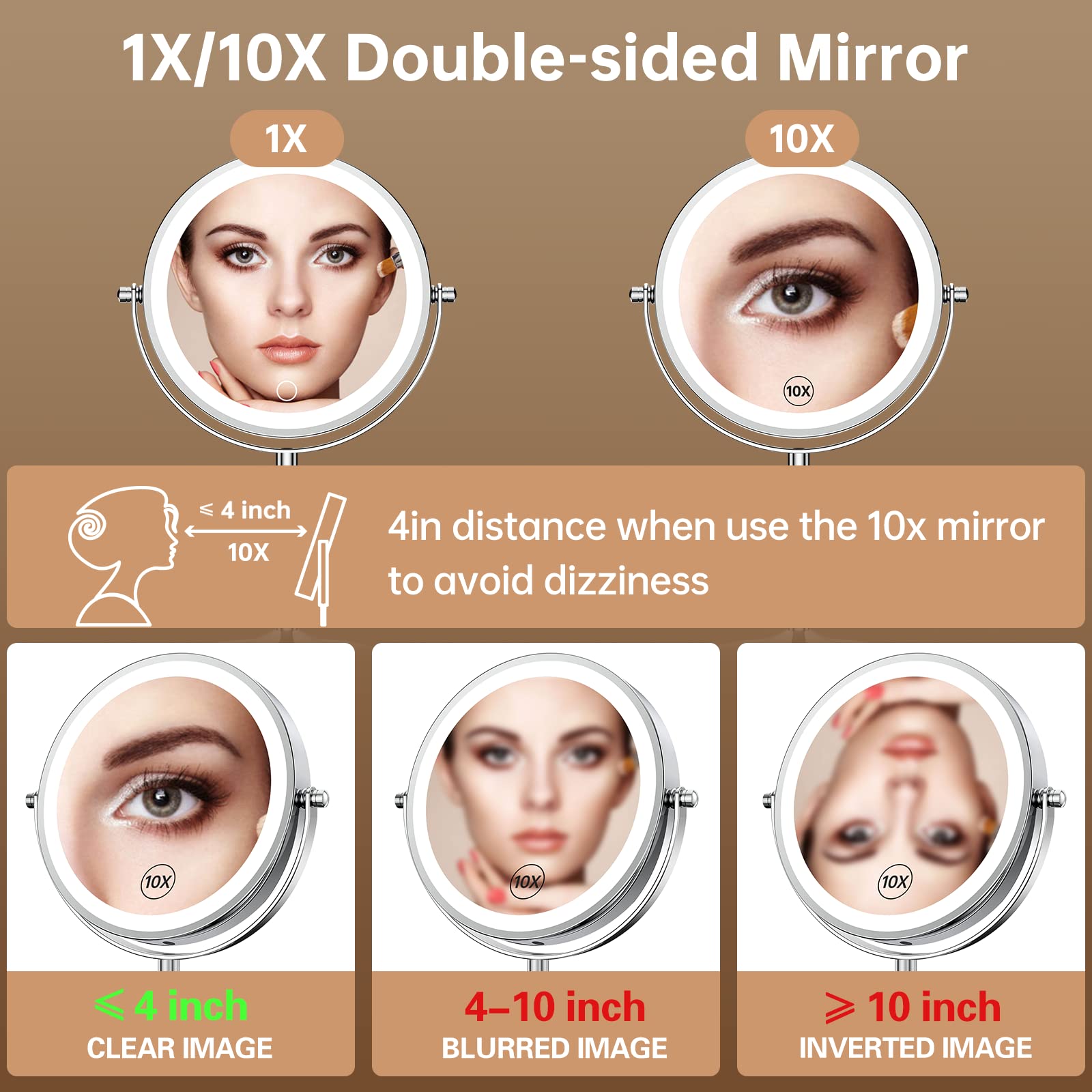 Gospire Lighted Makeup Mirror With Magnification 10X, Rechargeable Stepless Dimming Led Vanity Mirror 7'', 360 Swivel Magnifying