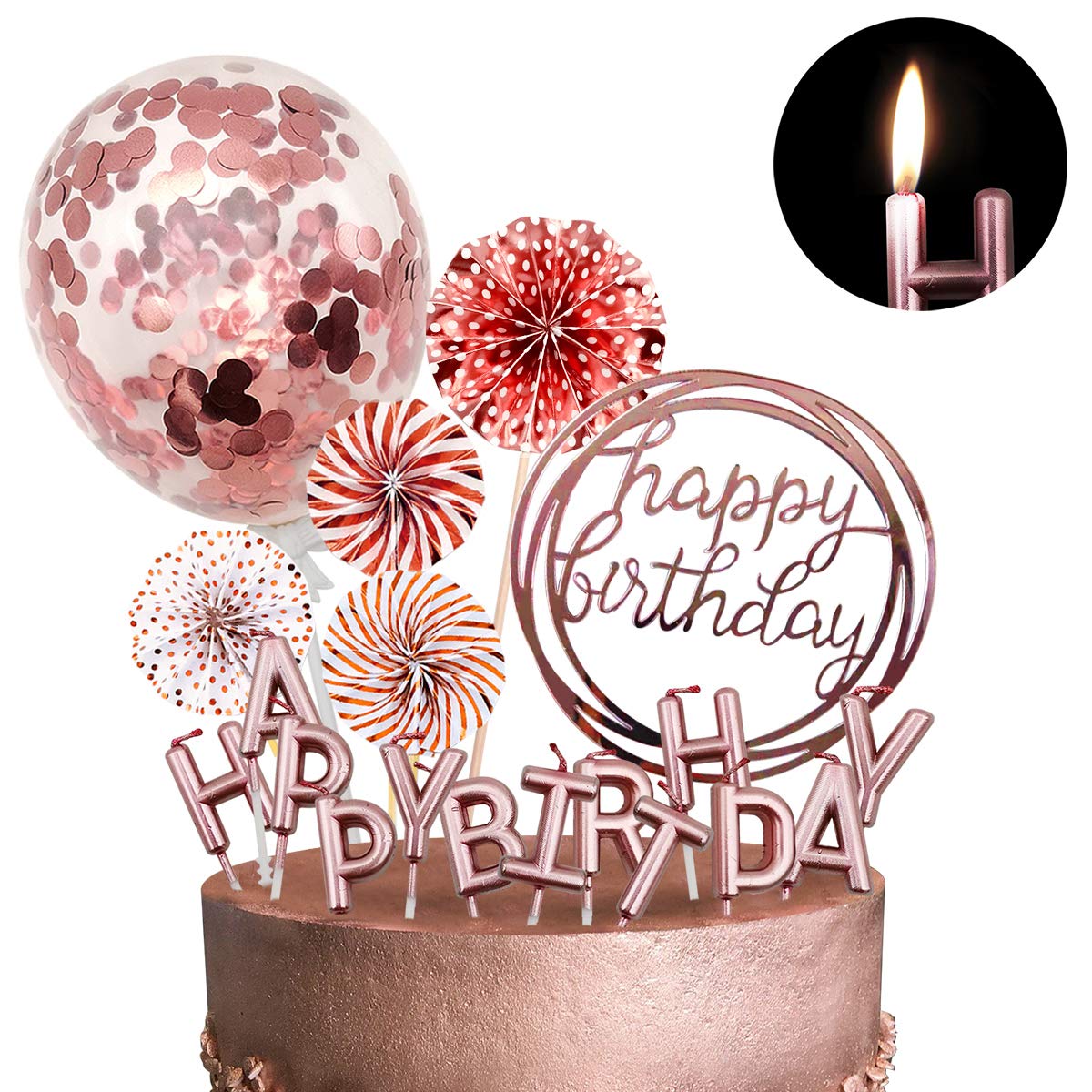 Movinpe Rose Gold Cake Topper Decoration With Happy Birthday Candles Happy Birthday Banner Confetti Balloon Paper Fans For Rose