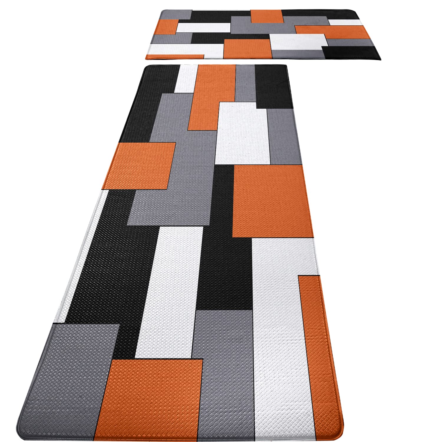 Orange Black Grey White Kitchen Rugs And Mats Set Of 2 Cushioned Anti Fatigue Kitchen Rugs Set Geometric Non-Skid Washable Kitch