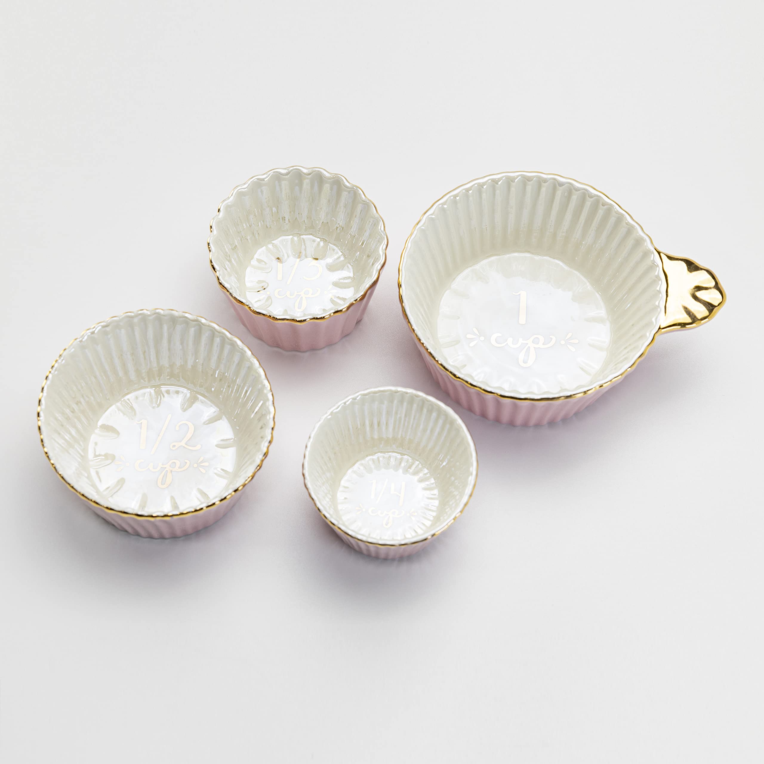 Gracie China By Coastline Imports Gold Trim Pink Porcelain Fluted 4-Piece Measuring Cup Set