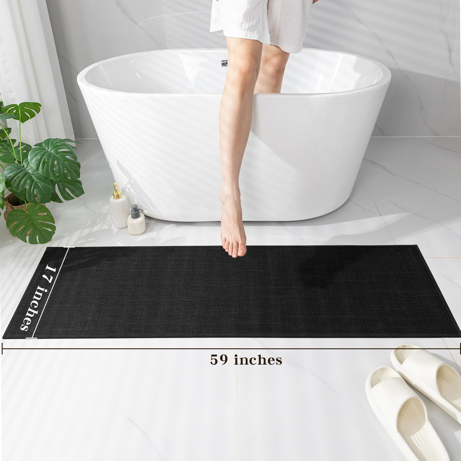 Chakme Bathroom Rugs Mat 59X17, Ultra Thin Non Slip Bath Mat Runner Quick Dry Absorbent Bath Mat For Bathroom Floor, (Black, 59'