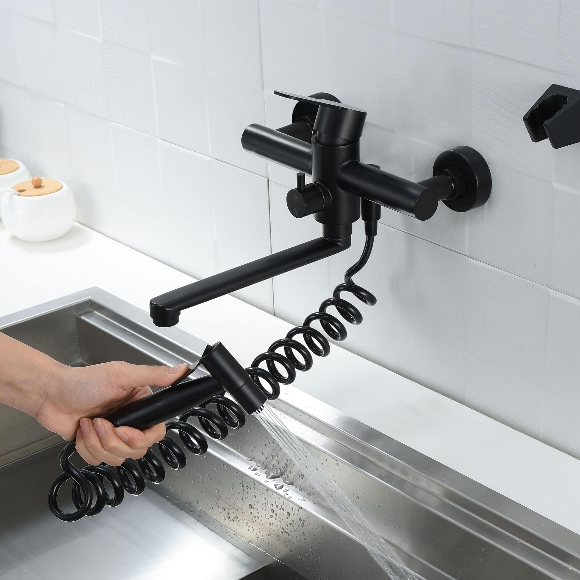 Kitchen Sink Faucet Wall Mount, Matte Black Commercial Faucet With Side Sprayer, Stainless Steel Mixer Tap, Unility Sink Faucet,