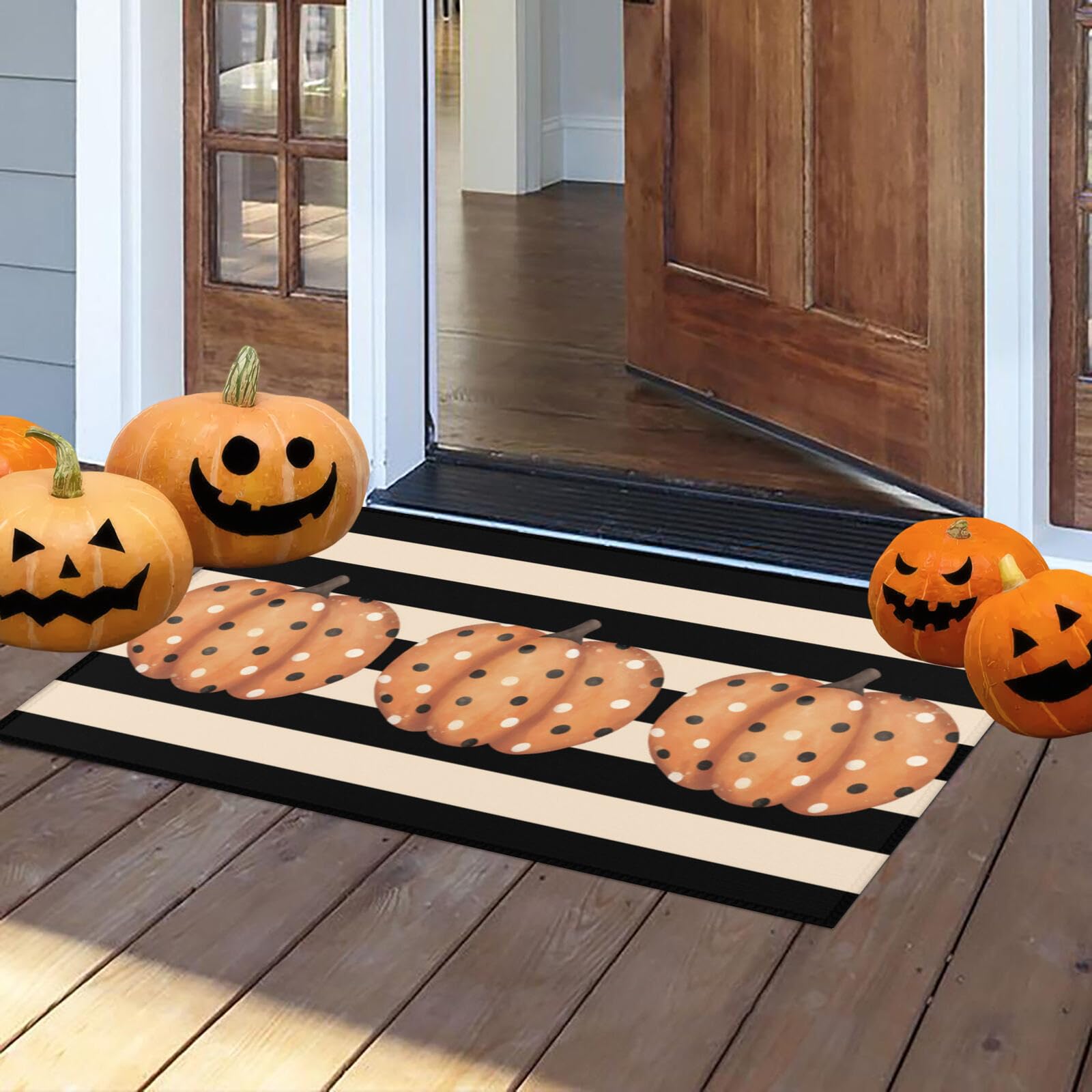 Gloriousa Fall Door Mat Cute Polka Dot Pumpkin Stripes Floor Front Door Welcome Mats Rug Rustic Yard Non Slip Doormat Porch Home