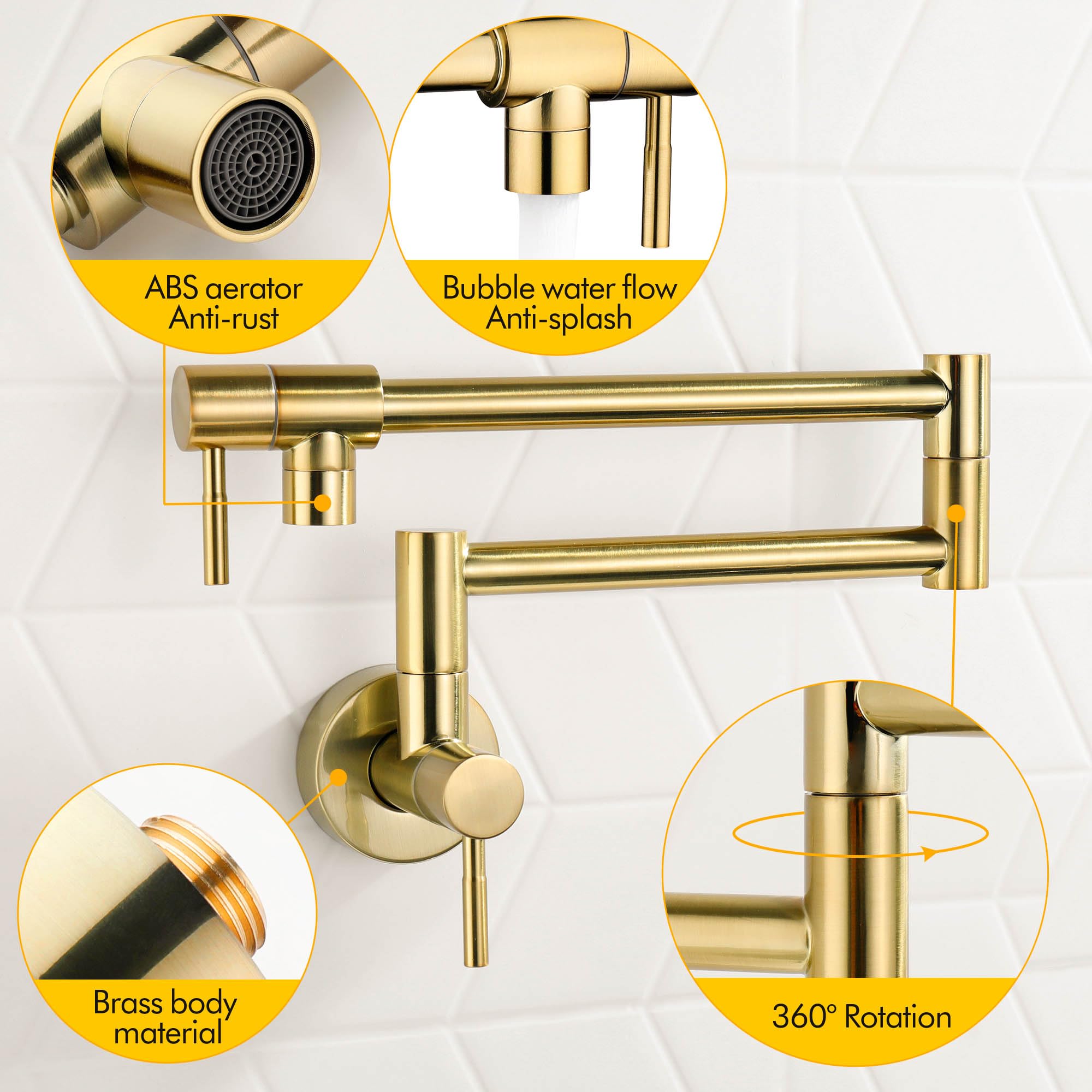 Fransiton Brushed Gold Pot Filler, Pot Filler Faucet Wall Mount, Brass Folding Stretchable With Double Joint Swing Arm Single Ho