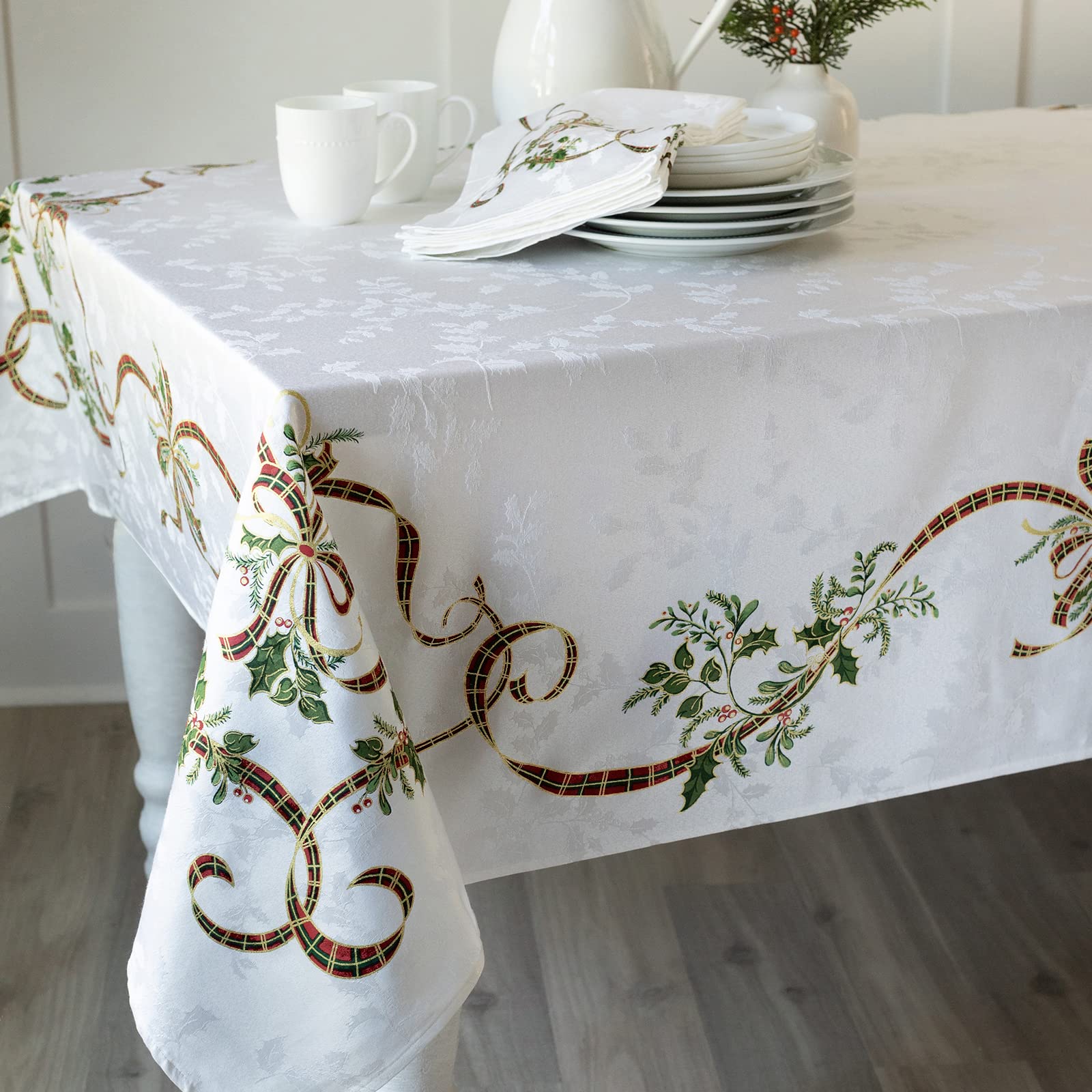 Benson Mills Merry Ribbons Engineered Printed Jacquard Fabric Christmas Table Cloth  Elegant Christmas Tablecloth for All Holiday and Winter (60'' x 84'' Rectangular)