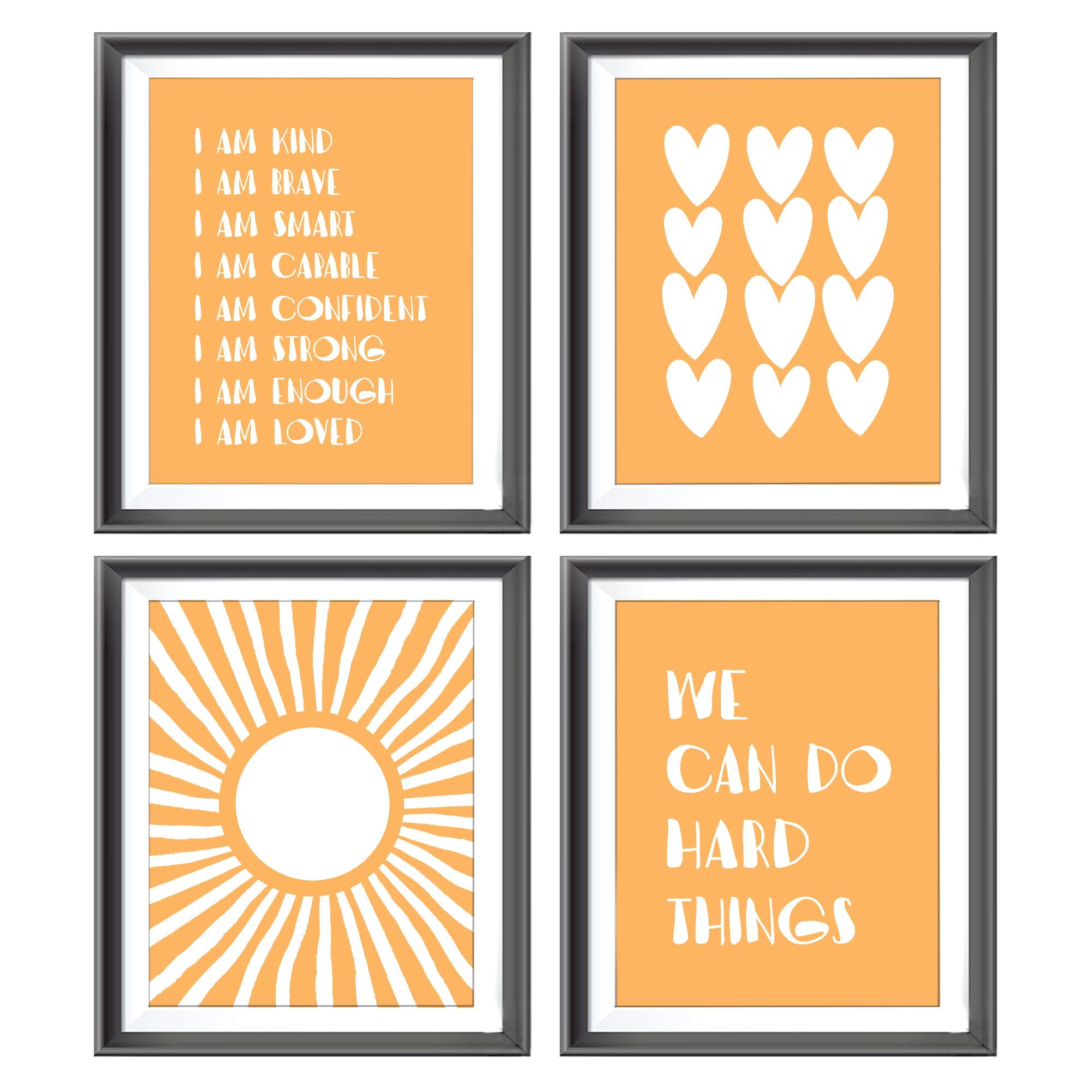 I Am Kind Brave Smart Affirmations Orange Sun Sunshine Hearts Poster Prints For Girls Kids Room Playroom Decor,Girl Nursery Deco