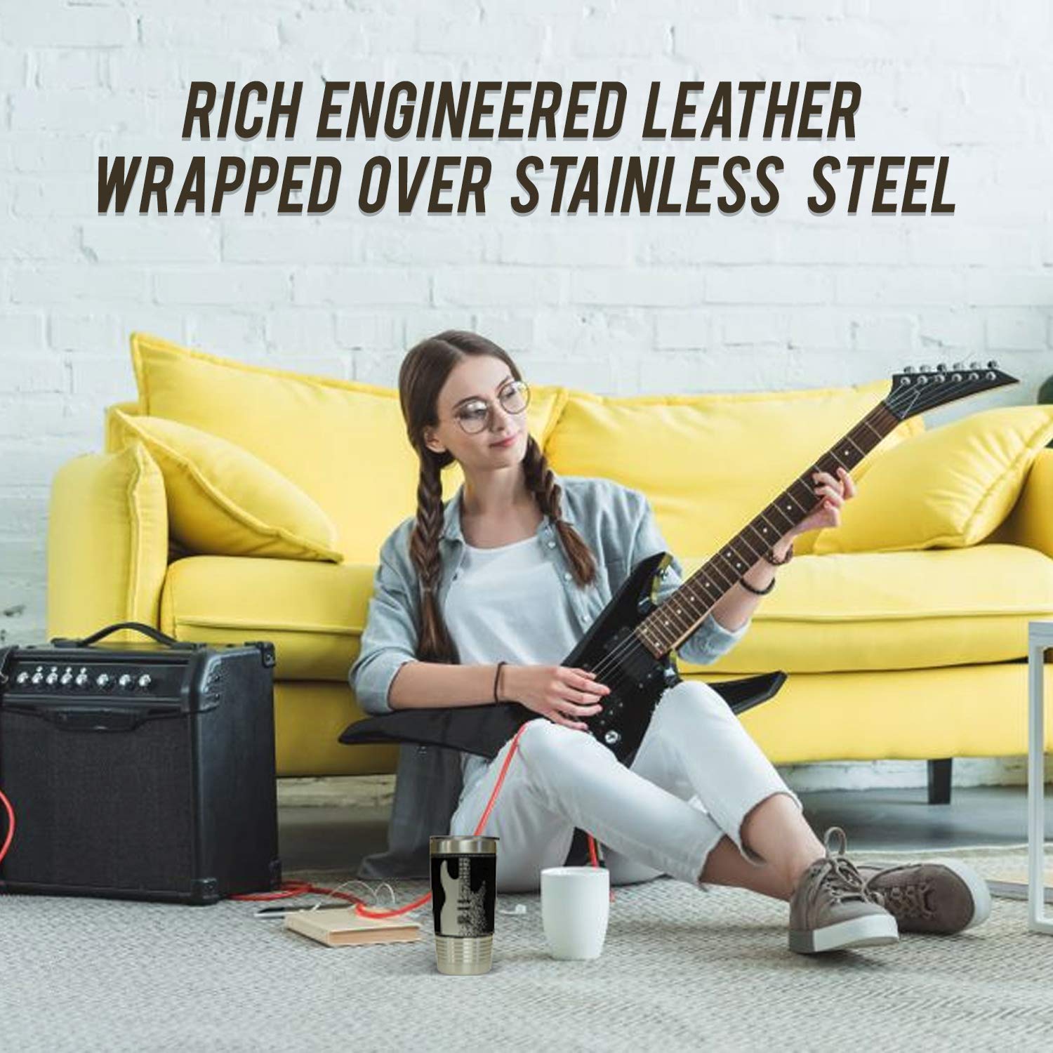 Electric Guitar Leather Wrapped Vacuum Insulated Tumbler 20 Oz Stainless-Steel Vacuum Mug For Music Lovers