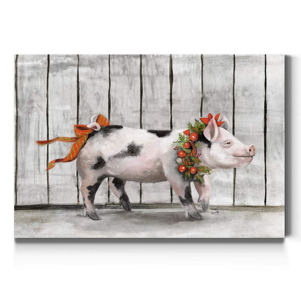 Renditions Gallery Canvas Festival Wall Art Modern Paintings & Prints Decorations Happy Christmas Pig Rustic Bow Wreath Animal W
