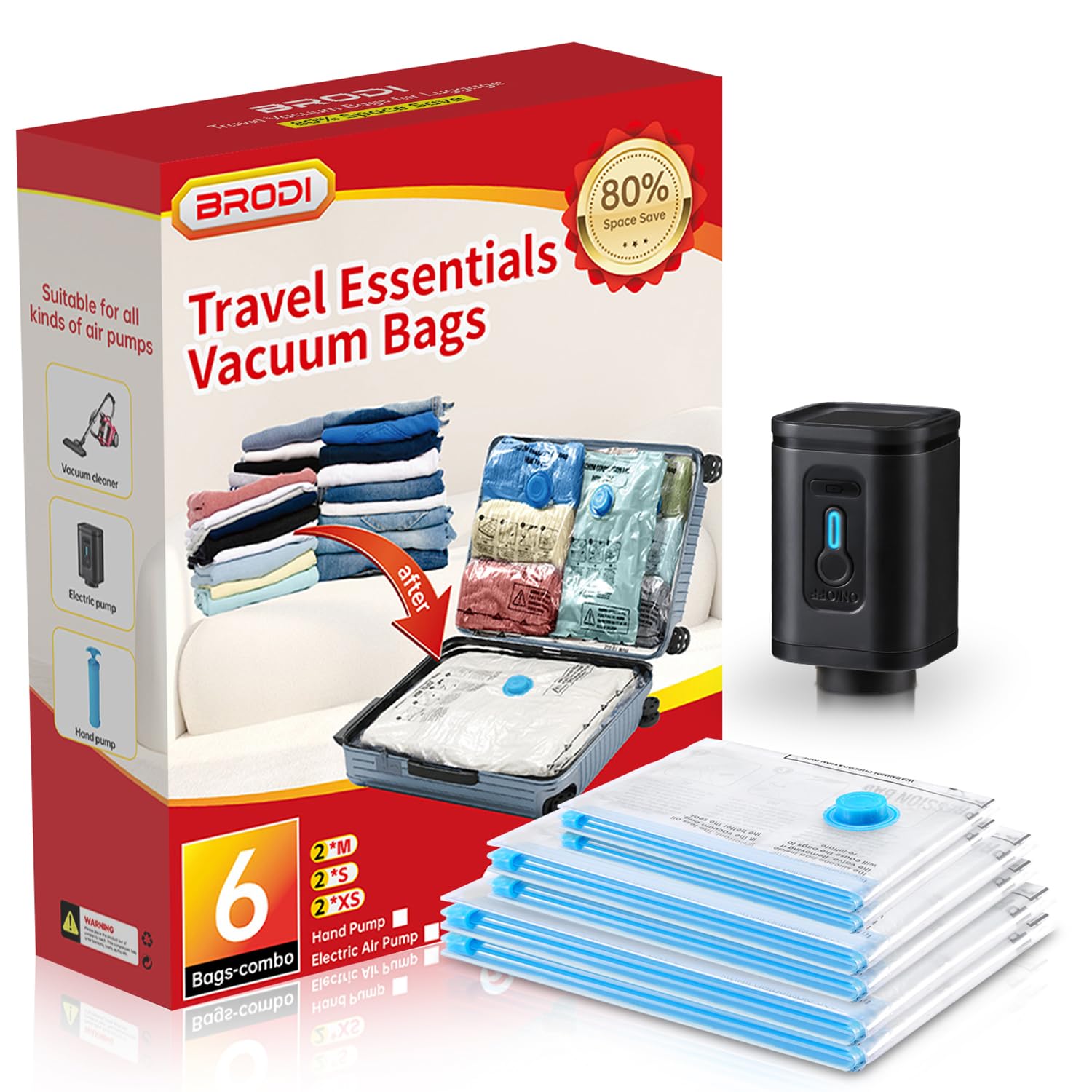 Brodi 6 Combo Pack Travel Vacuum Bags With Pump - Compression Bags For Travel,Vacuum Storage Bags For Space Saver & Travel Essen