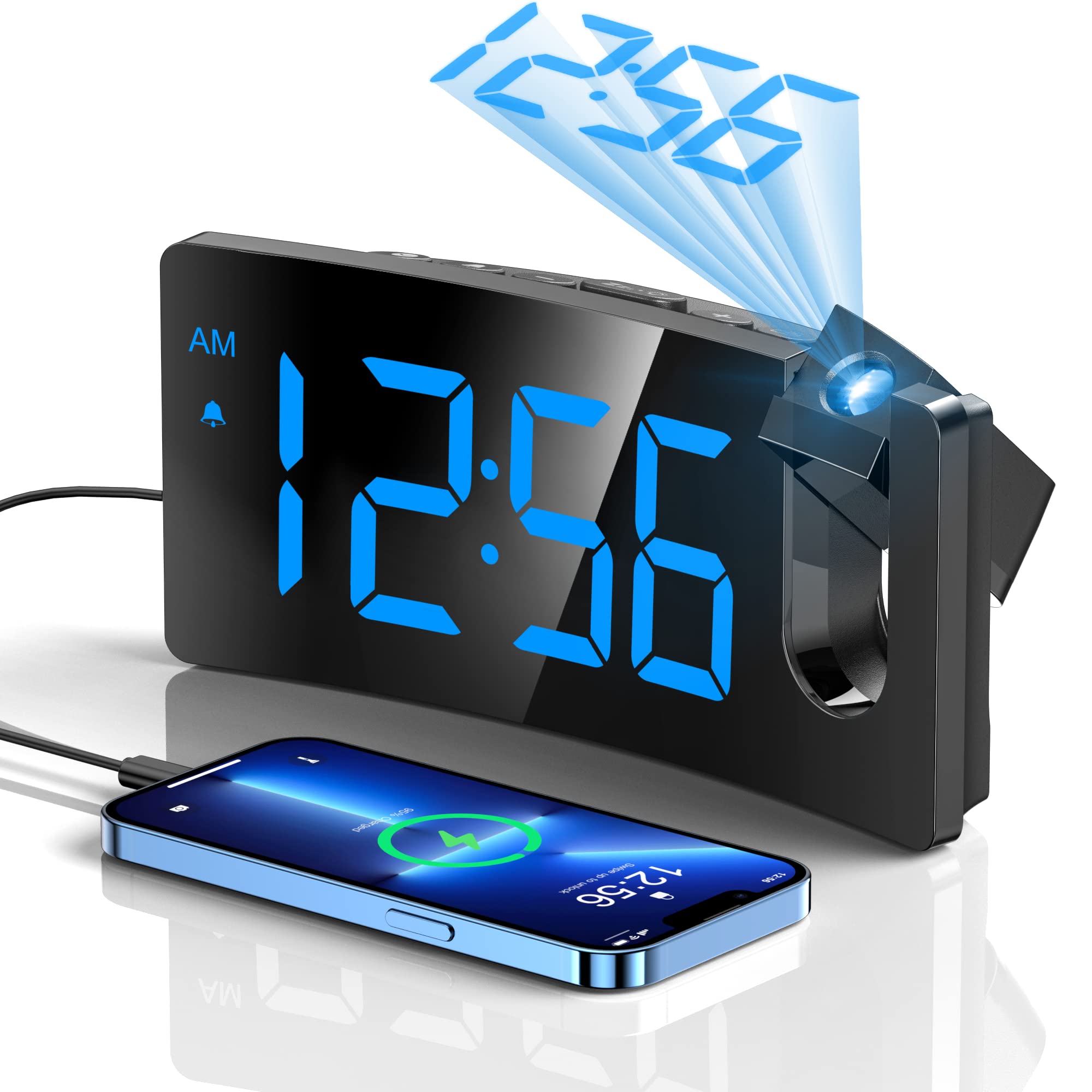 Projection Alarm Clock, Digital Clock With 180A Rotatable Projector, 3-Level Brightness Dimmer, Clear Led Display, Usb Charger,