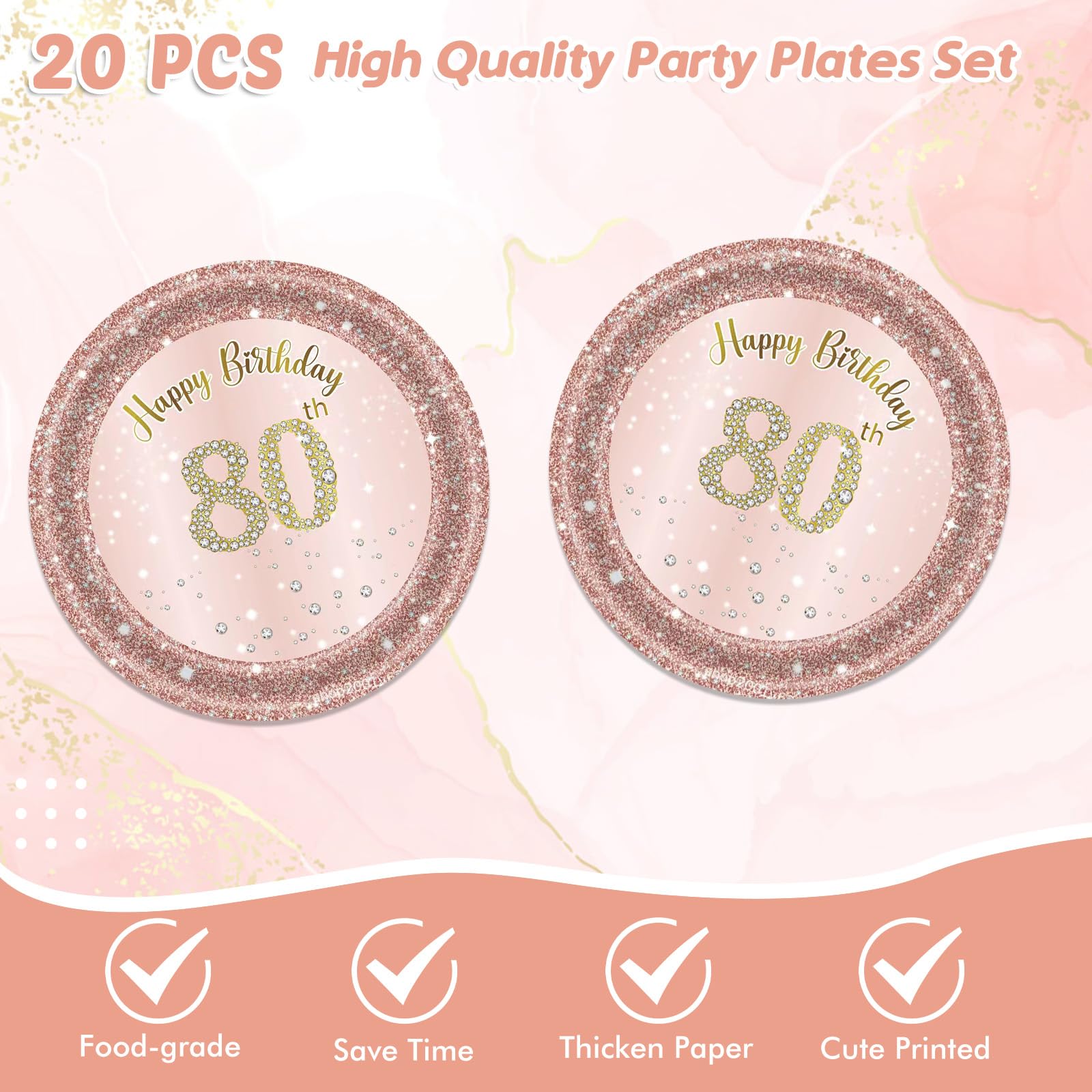 41Pcs 80Th Birthday Decorations, Rose Gold Birthday Party Supplies Include 20Pcs Plates 20Pcs Napkins And 1Piece Tablecloth, Swe