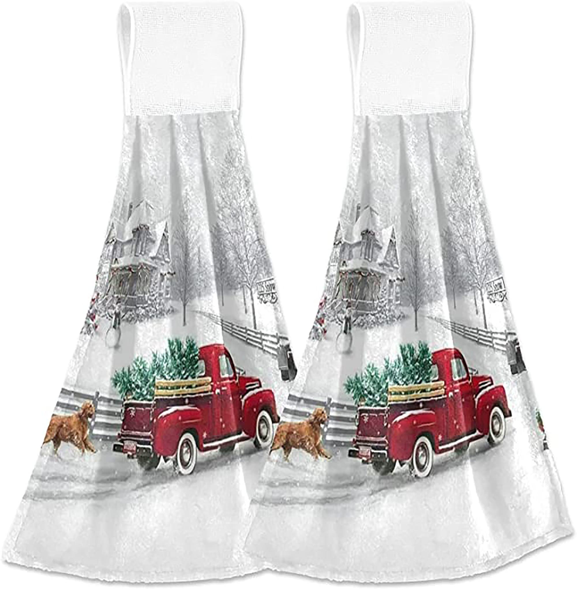Boccsty Christmas Winter Truck Hanging Kitchen Towels 2 Pcs Winter Snowflake Hand Bath Towels Tie Towels Tea Bar Towels For Bath