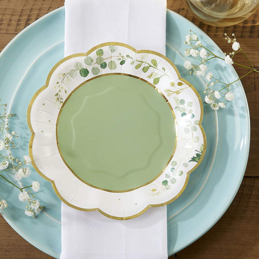 Kate Aspen Botanical Garden  7 Inch  Sage Green Party Decorations  Eucalyptus Floral Print Decorative Premium Paper Plates (Set of 16)