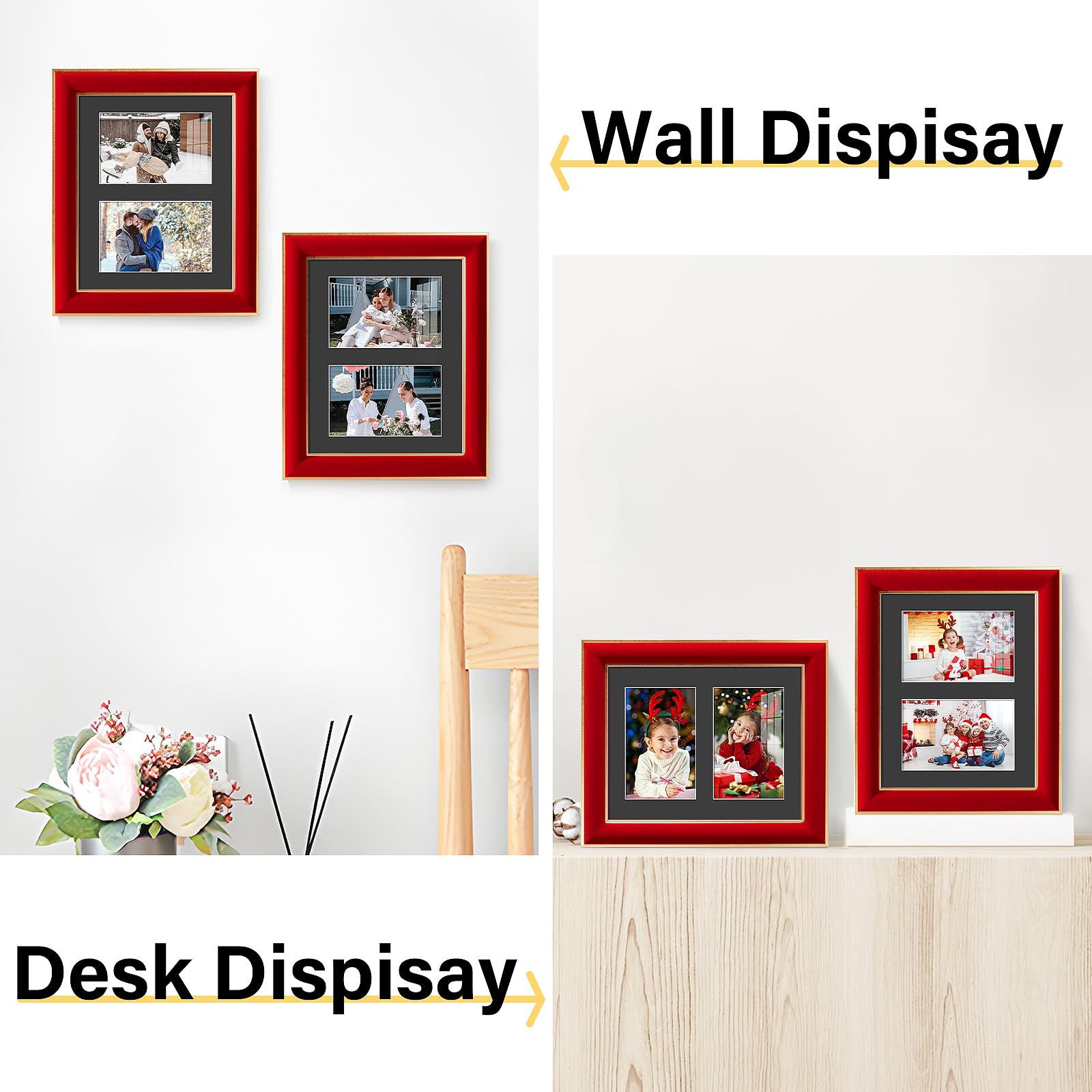 KSROECUD 8x10 Velvet Picture Frame with 2 Opening 4x6 Picture, HD Real Glass Red Velvet Photo Frame with Black White Border Mat,