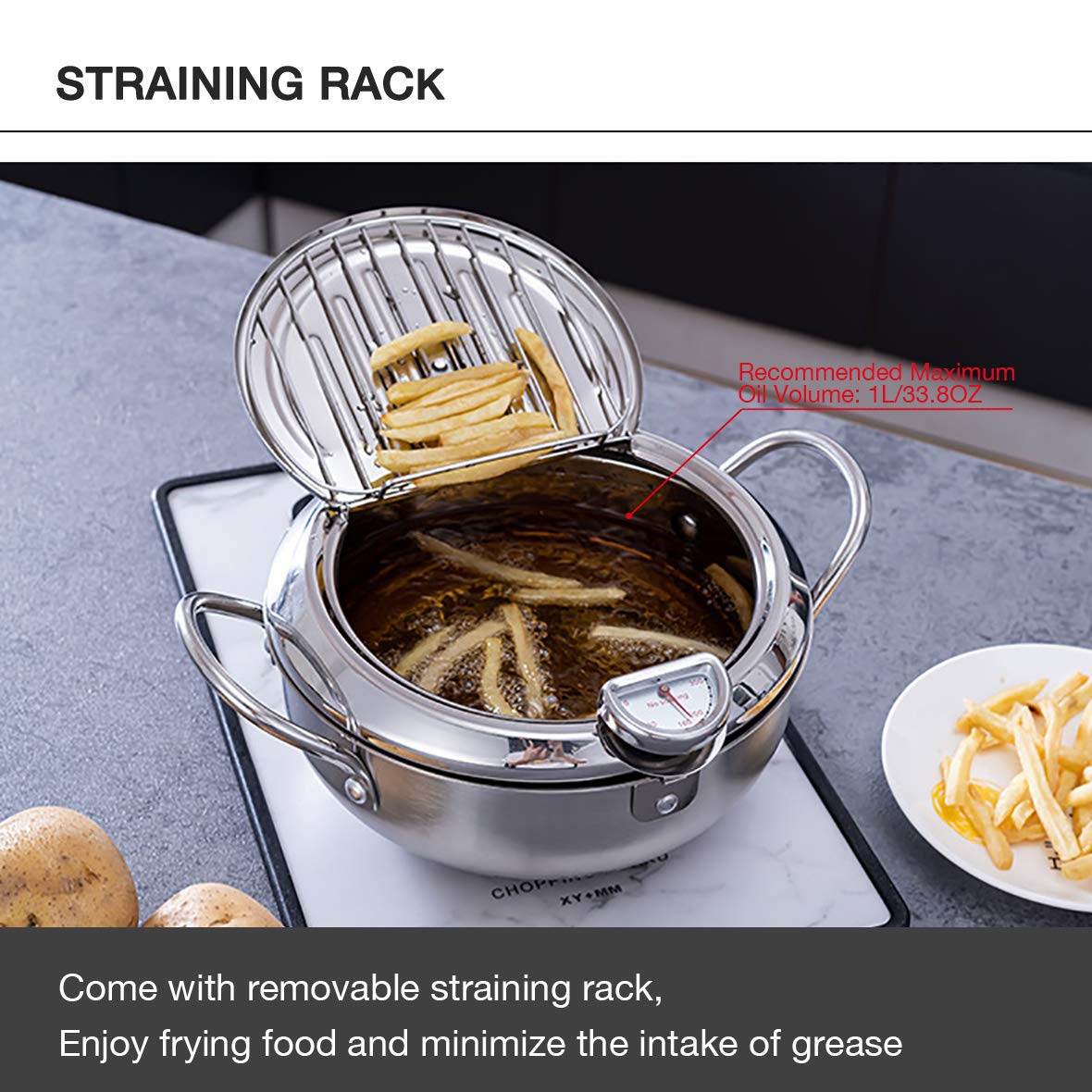 Eamate Tempura Fry Pot, Stainless Steel Tempura Deep Fryer With Thermometer, 8 Inches, Mini Size Perfect For 2-3 People