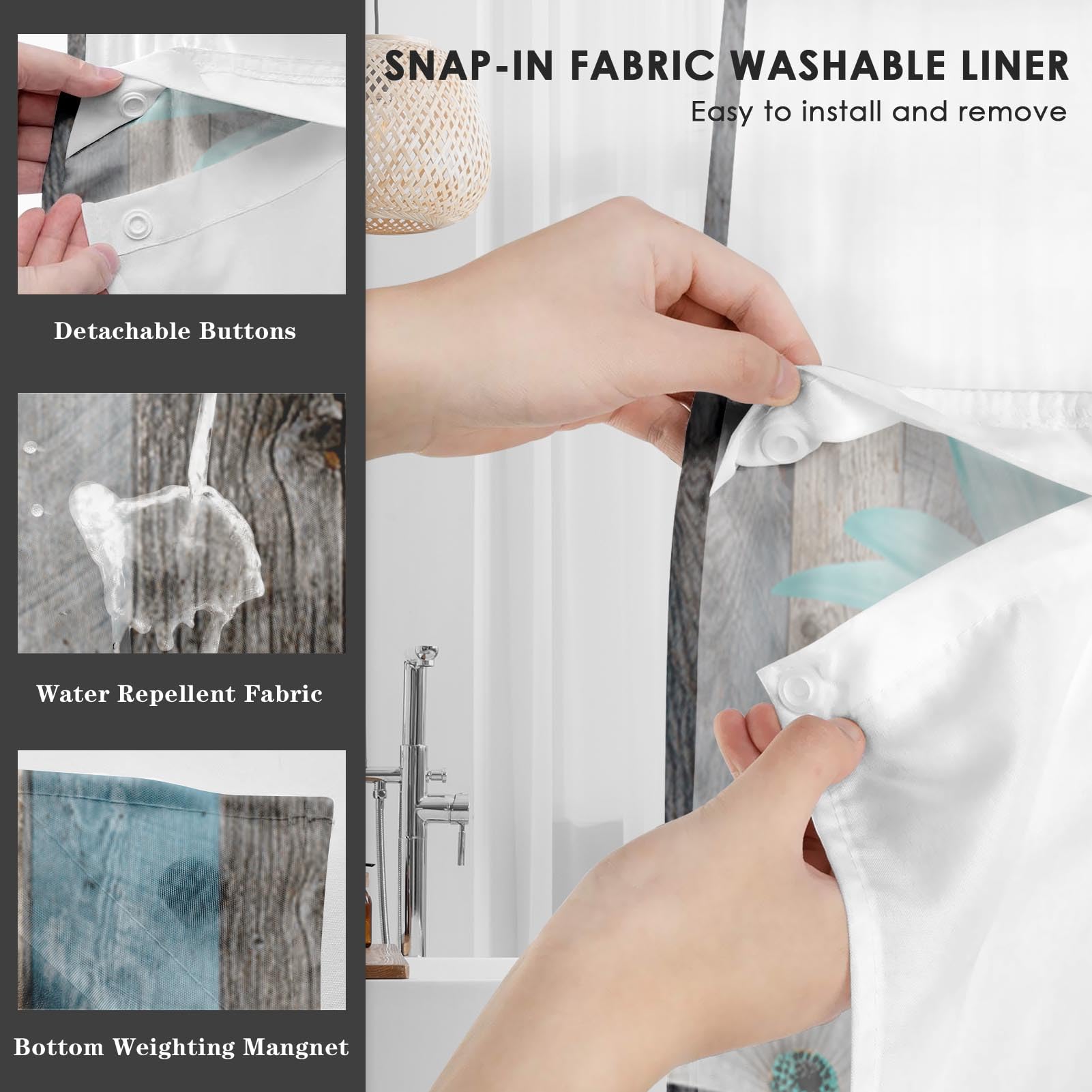 Nesphy No Hook Rustic Farmhouse Shower Curtain With Snap In Fabric Liner Set, Teal Daisy Flowers And Butterfly On Wooden Double
