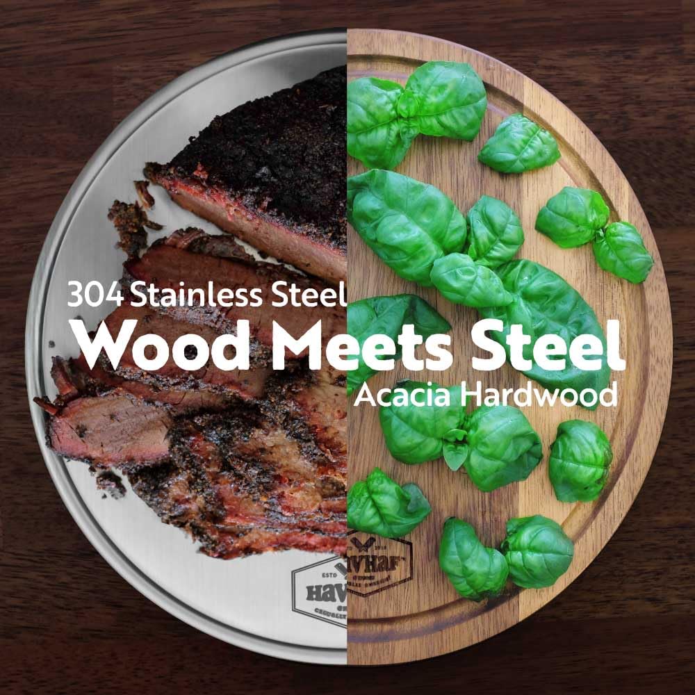 HAVHAF Stainless Steel Cutting Board For Kitchen With Lip(Wood & Metal, 10x10) - Round Non Plastic Non Toxic Acacia Wooden Doubl