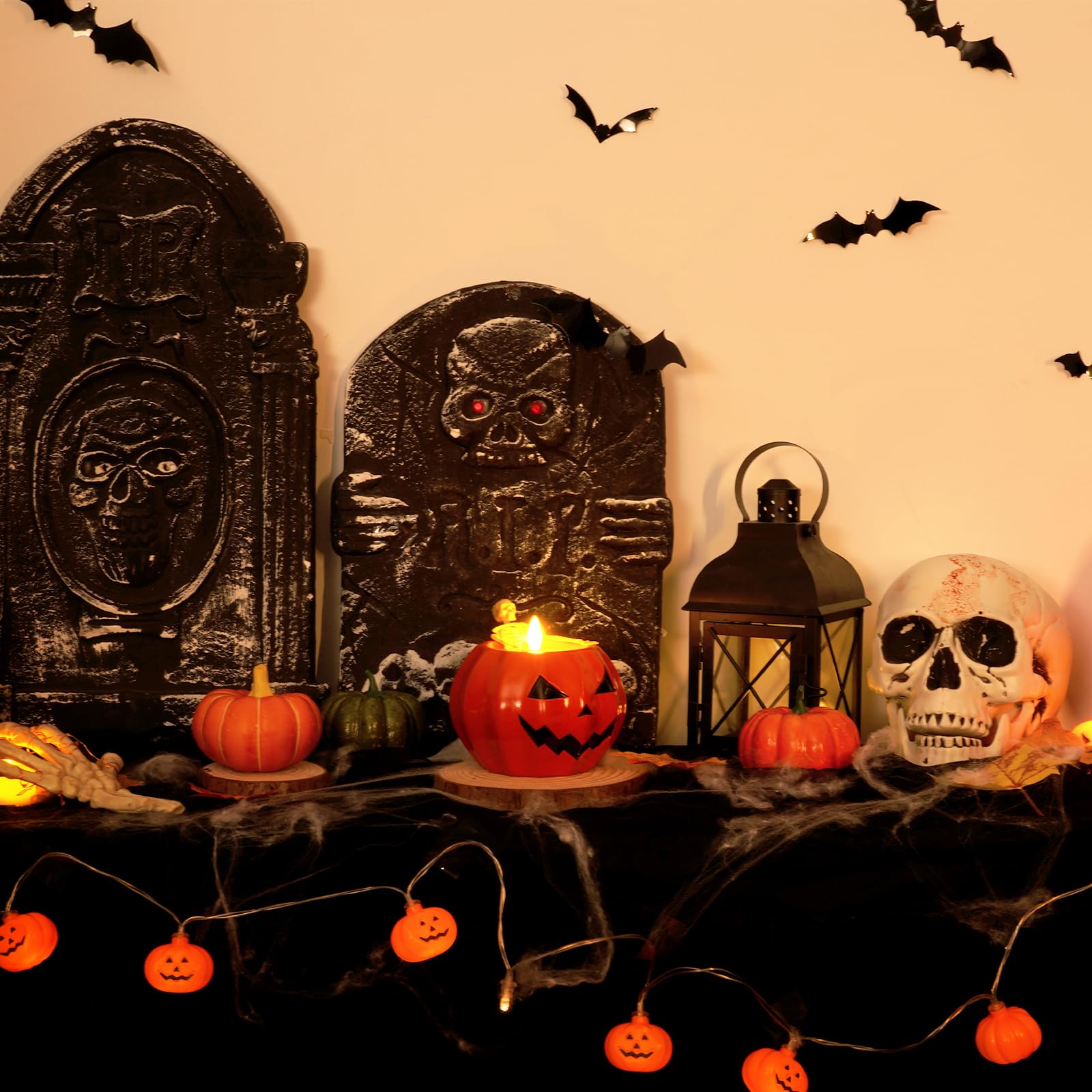 Halloween Decor-Flameless Pumpkin Candles, Real Wax Halloween Skeleton Candles, Flickering Battery Operated Candle with Remote f