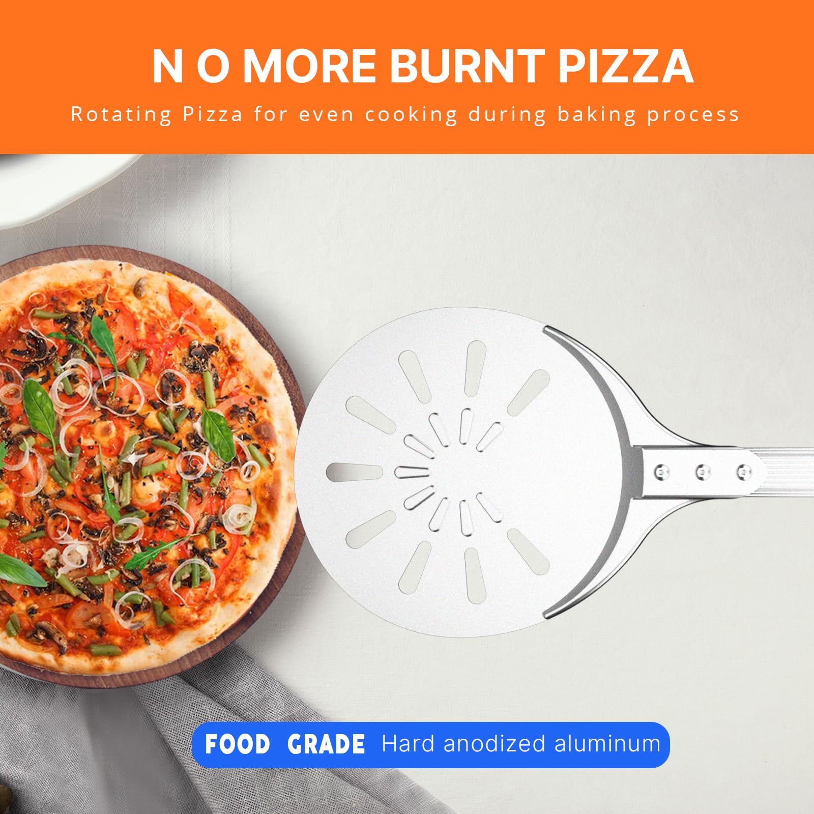 Pizza Turning Peel, 8-Inch Pizza Peel Turner Spinner, Long Handle Perforated Aluminum Pizza Peel With Silicone Hook, Pizza Oven