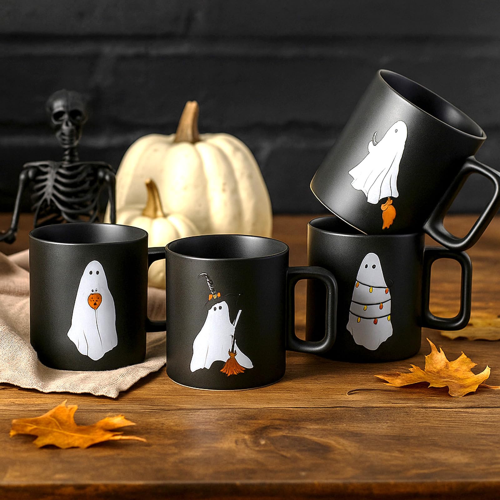 Yiyiring Halloween Mugs Mixed Set of 4, Scary Squad Stoneware Mugs 12 oz Ceramic Ghost Coffee Cup Black Drinking Cup Ghost Desig