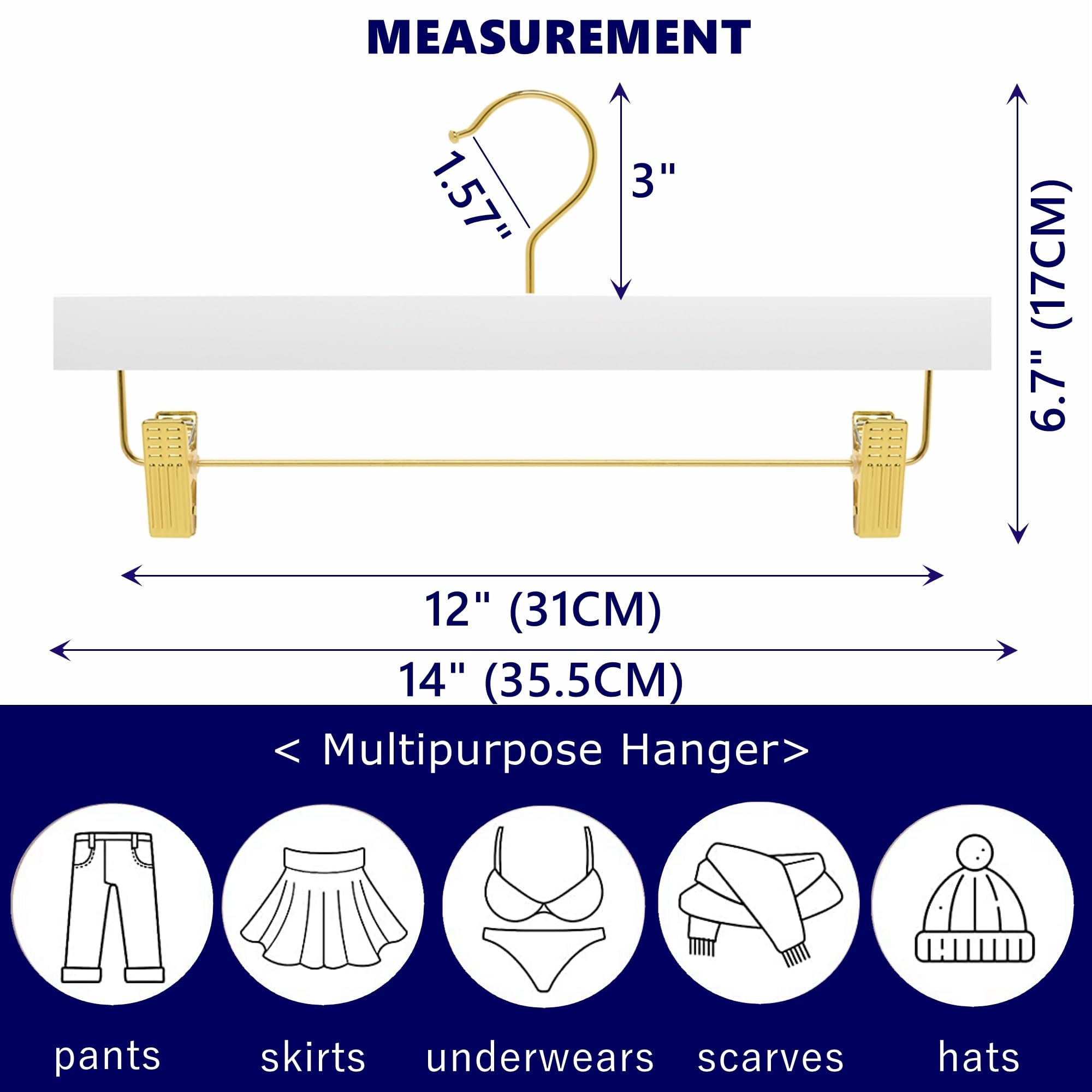 Amber Home White Wooden Pants Skirts Hangers 24 Pack  Solid Wood Trousers Bottom Hanger with 2-Adjustable Gold Clips  Clips Hangers for Slacks  Jeans  Shorts (White + Gold  24)