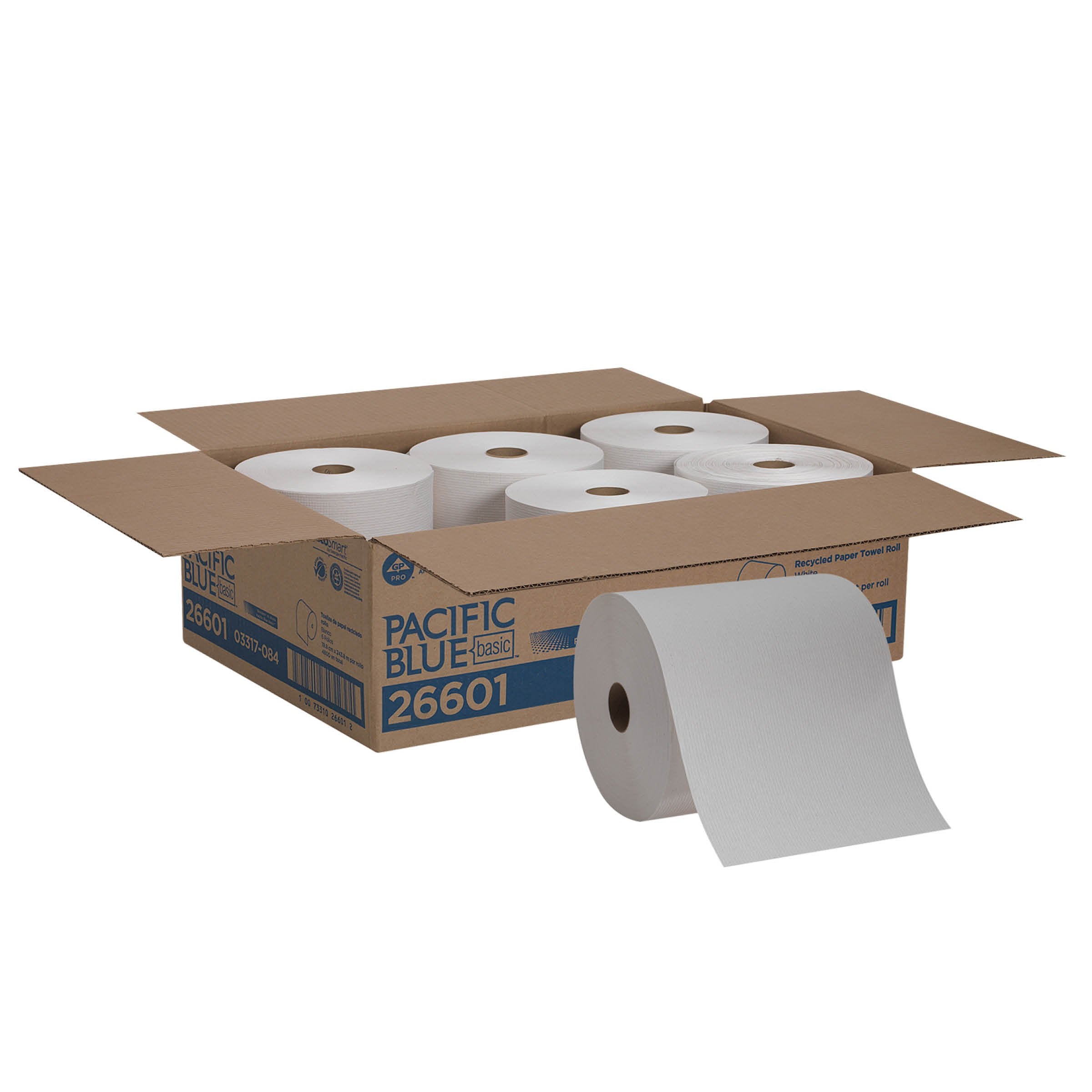 Georgia-Pacific Blue Basic Recycled Paper Towel Rolls (Previously Branded Envision) By Pro , White, 26601, 800 Feet Per Roll, 6