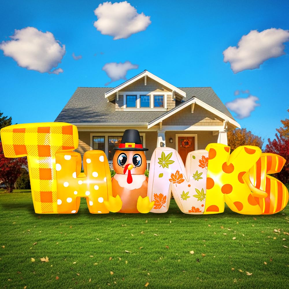 KOOY 8FT Thanksgiving Inflatables Decorations Blow Up Turkey with Thanks Letter Built-in LED Lights for Thanksgiving Festival Au