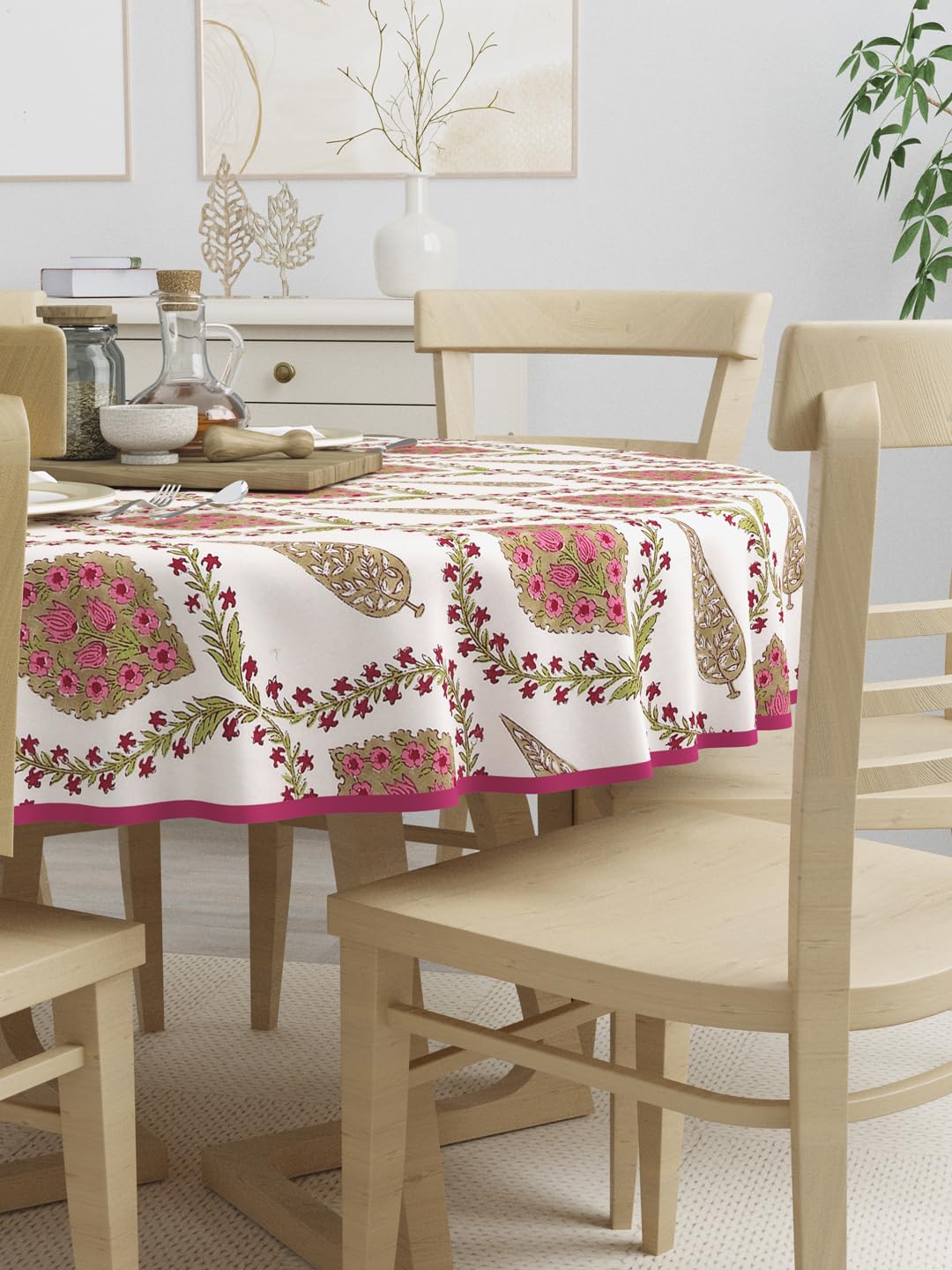 Clasiko 100% Cotton 6 Seater Round Table Cover; 72x72 Inches; Pink Beige Block Print