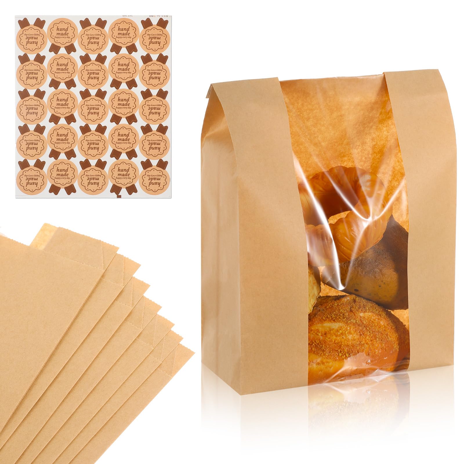 PercyEffie 120 Pack Large Krafts Paper Bread Bags with Clear Window 14 x 8.3 x 3.5 for Homemade Sourdough paper bags Bakery Stor