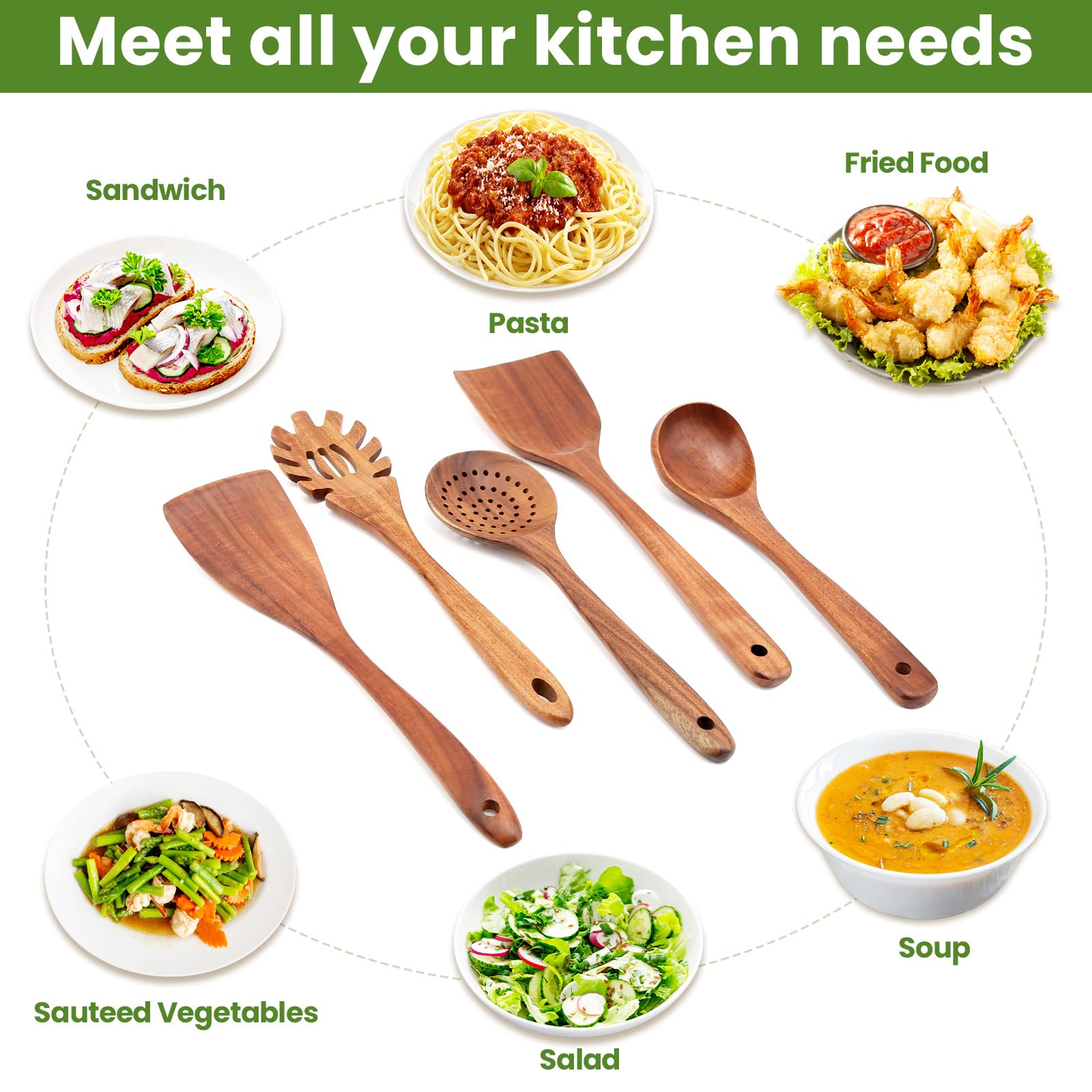 Wooden Kitchen Utensil Set For Non-Stick Cookware, Wooden Spoons For Cooking, Long Handle Wooden Spatulas For Cooking, 5 Pcs Dur