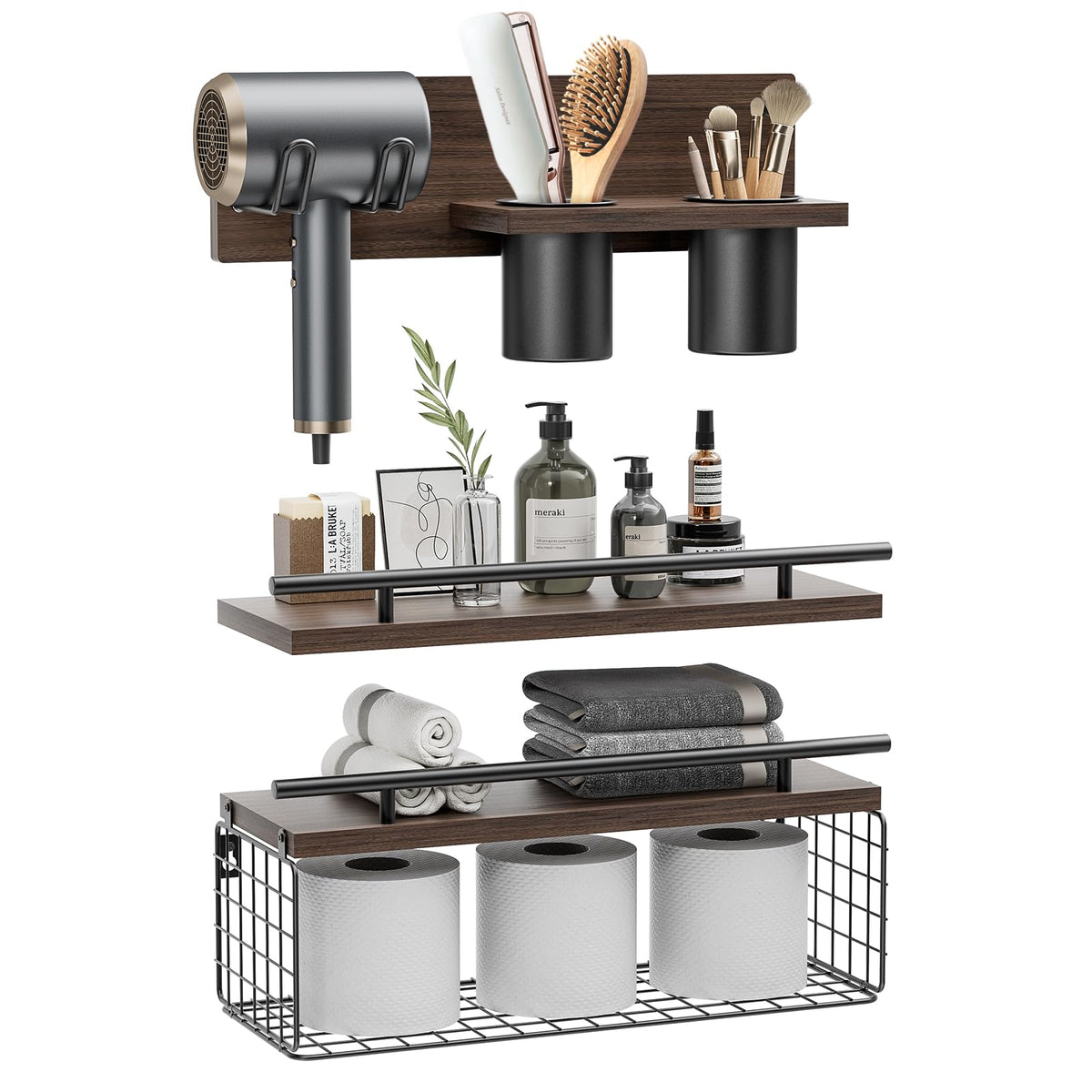 Roledes Bathroom Floating Shelves With Hair Dryer Holder - Wall Mounted Wood Wall Shelf With Blow Dryer Storage Over The Toilet