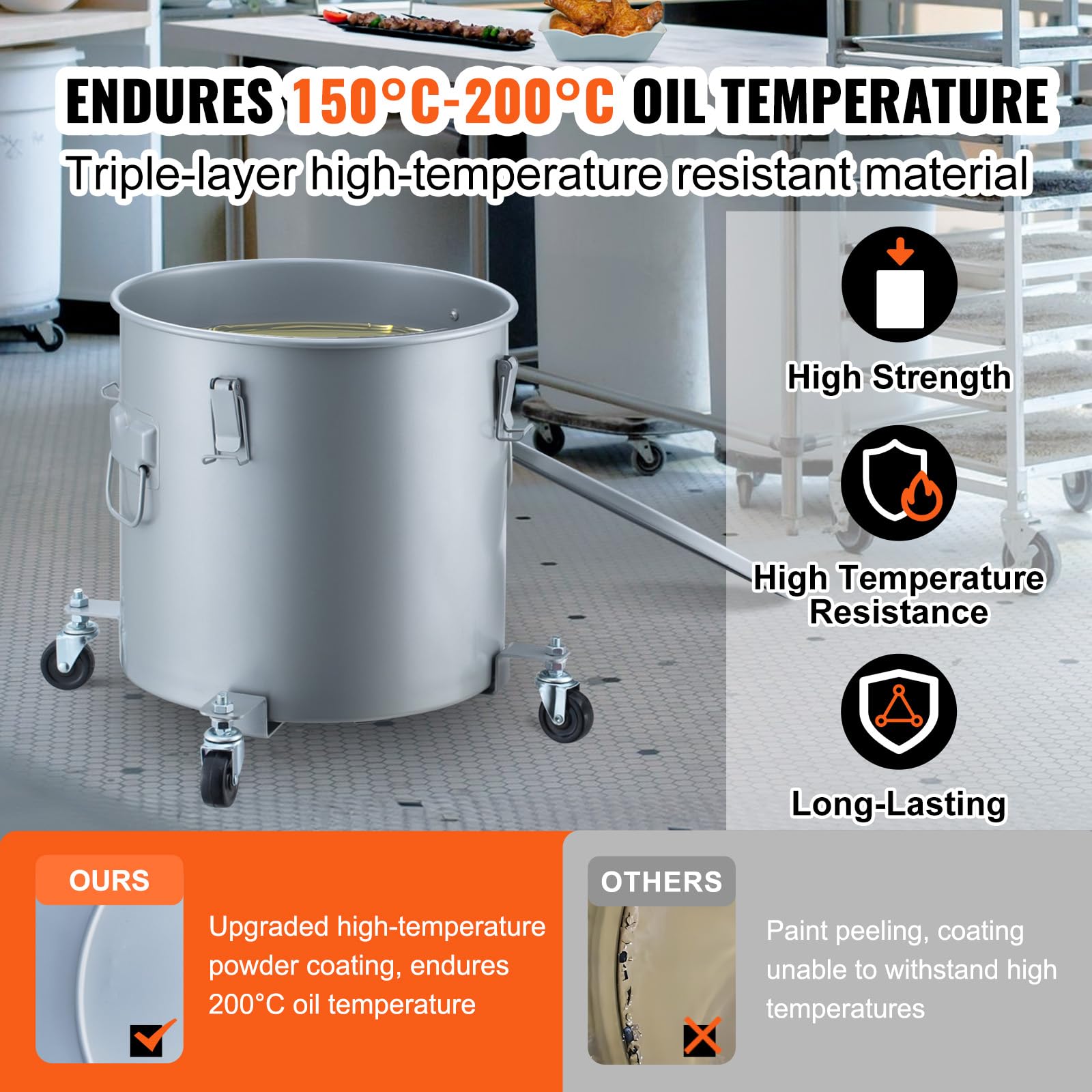 Vevor Fryer Grease Bucket, 16 Gal Oil Disposal Caddy With Caster Base, Carbon Steel Rust-Proof Coating, Oil Transport Container