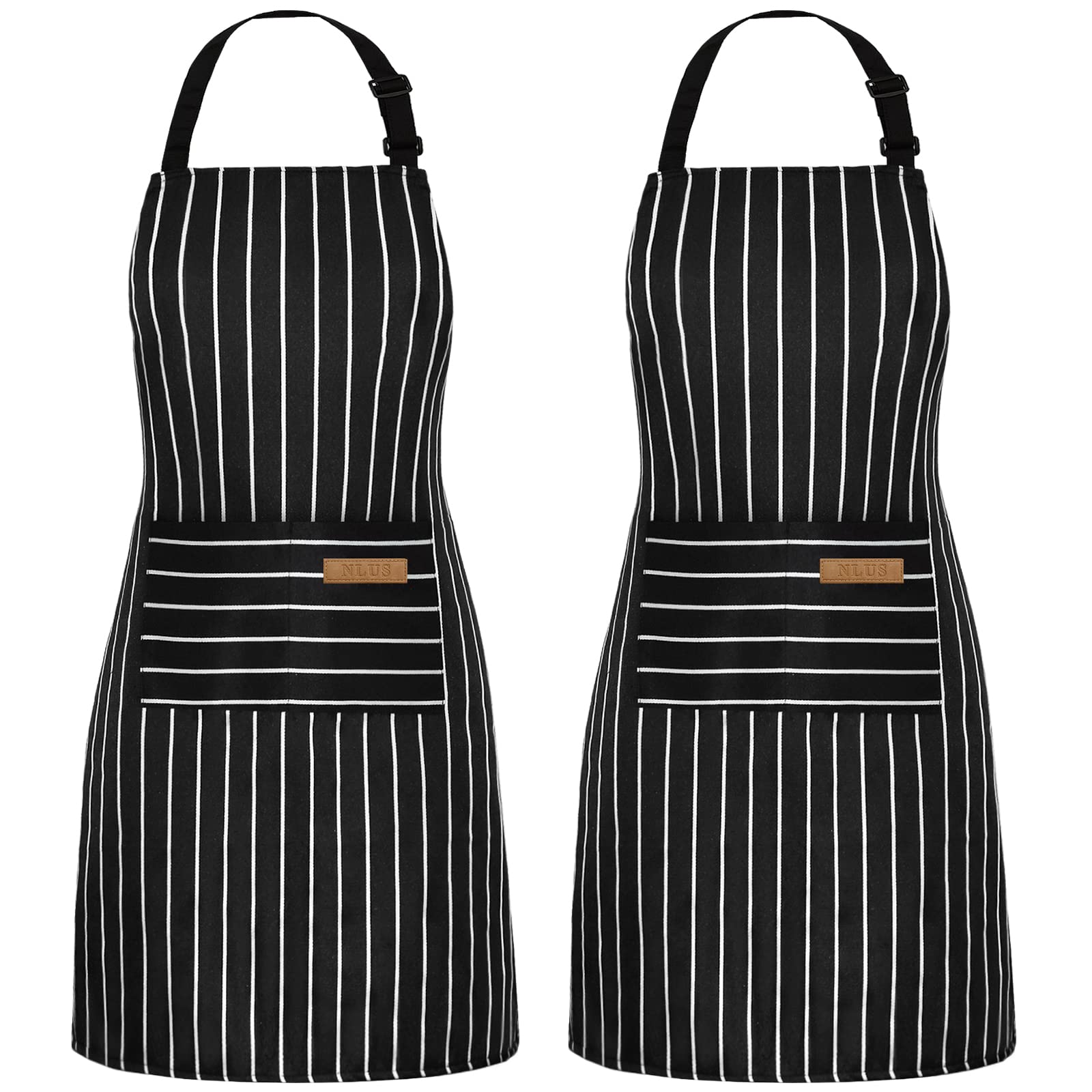Nlus 2 Pack Cooking Aprons For Women With Pockets Adjustable Kitchen Bib Aprons For Women Men Chef, Black/White Stripe (Classic
