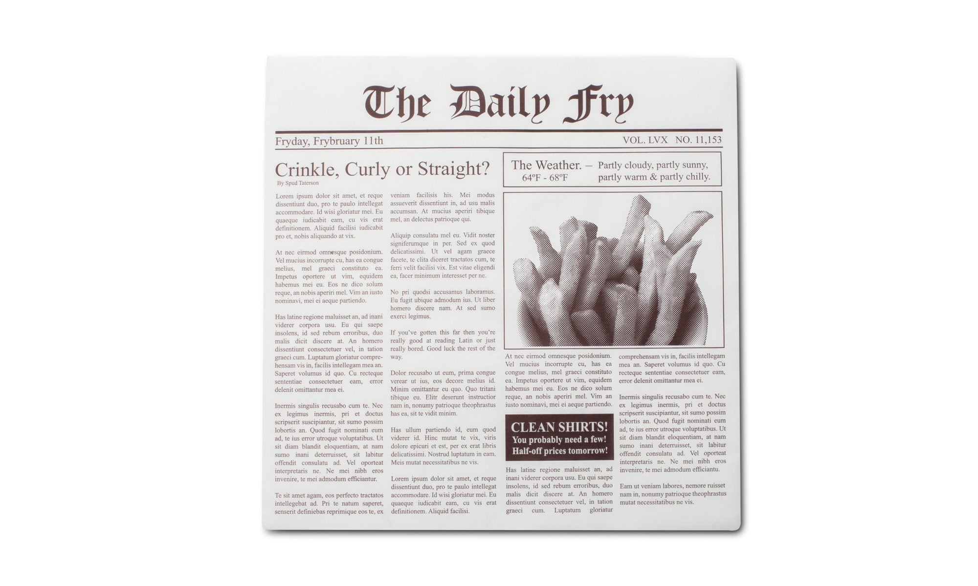 Fox Run French Fry Wax Paper Liners, Newsprint, 24-Count
