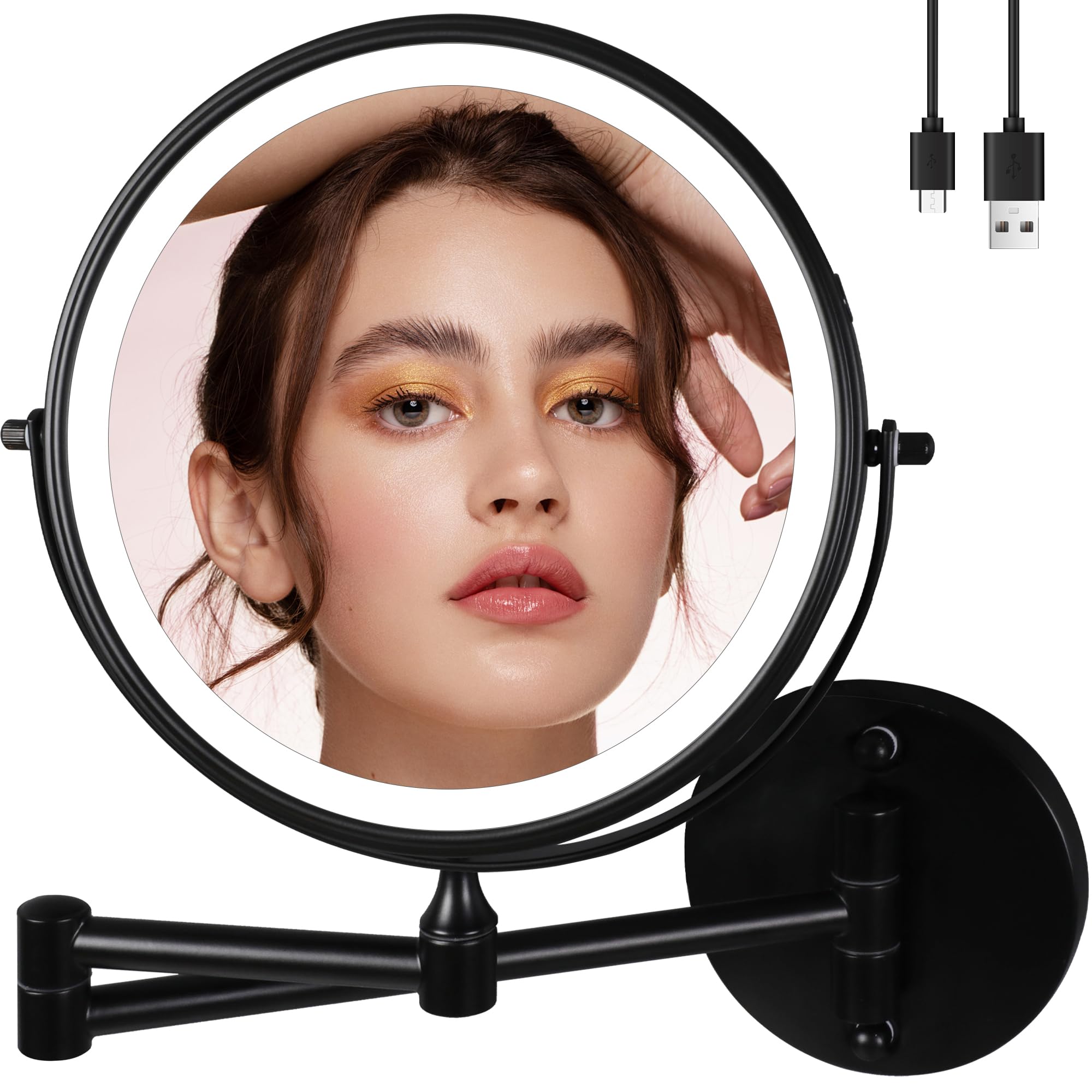 9'' Large Black Wall Mount Magnifying Mirror With Light, Tushengtu 3000Mah Rechargeable Lighted Makeup Vanity Mirror Wall Mounte