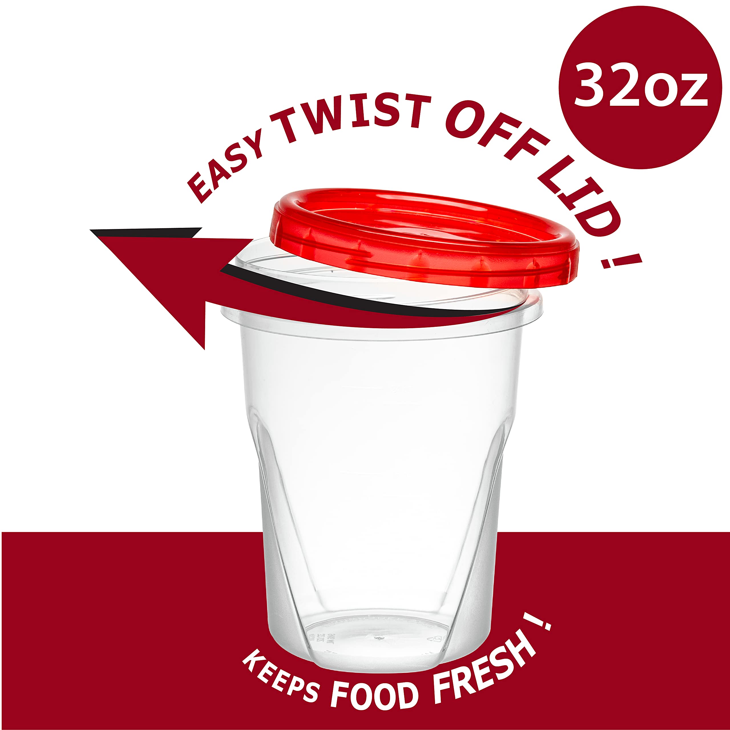 Elegant Disposables (32 Ounce 10 Pack) Twist Cap Containers Clear Bottom With Red Top Screw On Lids Twist Top Food Storage Freez