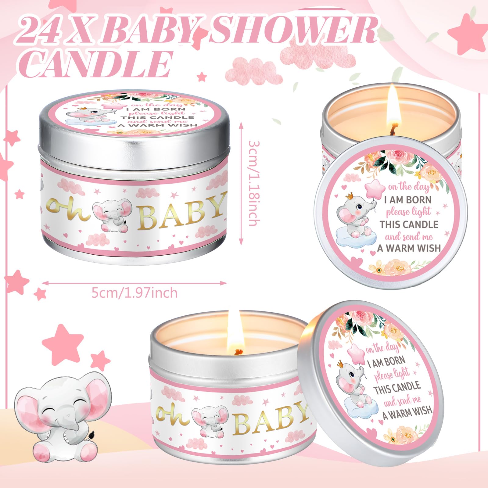 MTLEE 24 Pcs Elephant Baby Shower Party Favors Candles Lavender Scented Baby Shower Favors for Guests Rustic Tealights Candles G