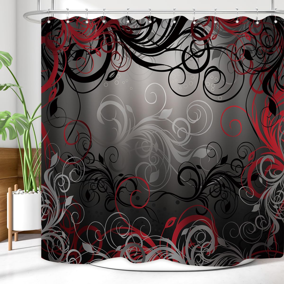 Zxmbf Red And Black Shower Curtain Mystic Magical Forest Modern Inspired Floral Swirls Leaves Bath Curtain Waterproof Fabric Bat