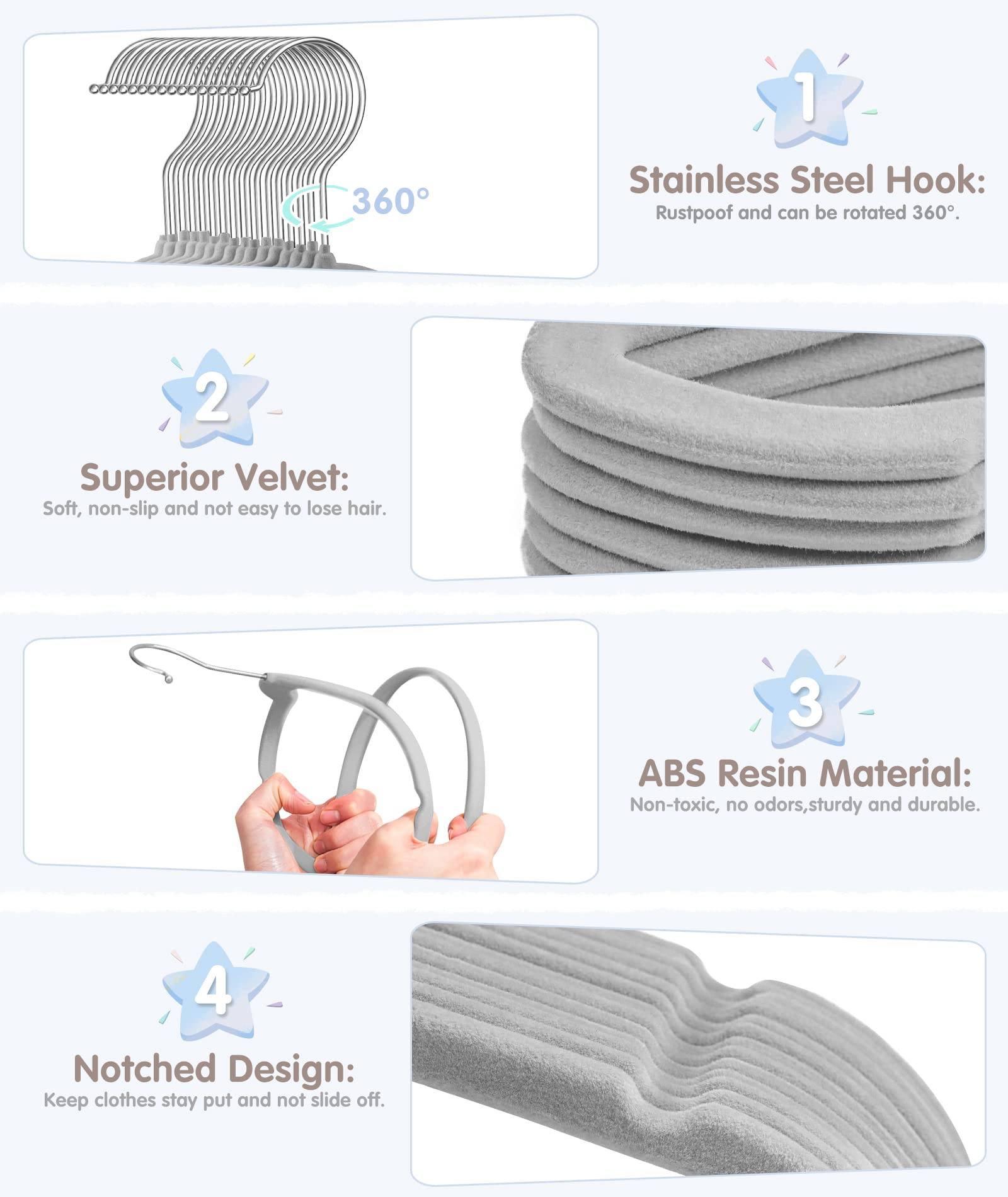 Baby Hangers, Vis'V 11 Inch Gray Velvet Kids Hangers With 6 Pcs Size Dividers Non Slip Nursery Children Closet Clothes Hangers F