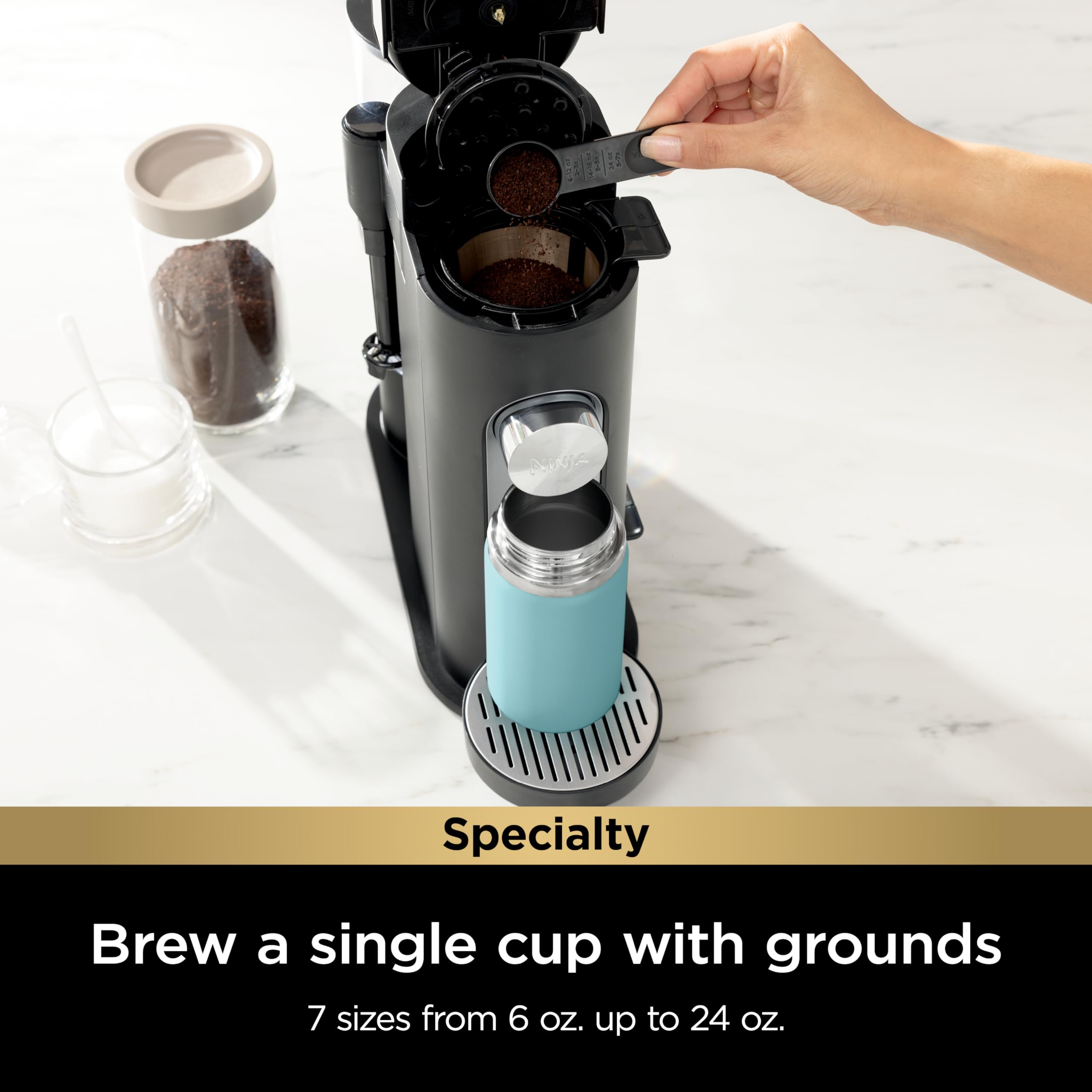 Ninja Pb051 Pod & Grounds Specialty Single-Serve Coffee Maker, K-Cup Pod Compatible, Brews Grounds, Compact Design, Built-In Mil