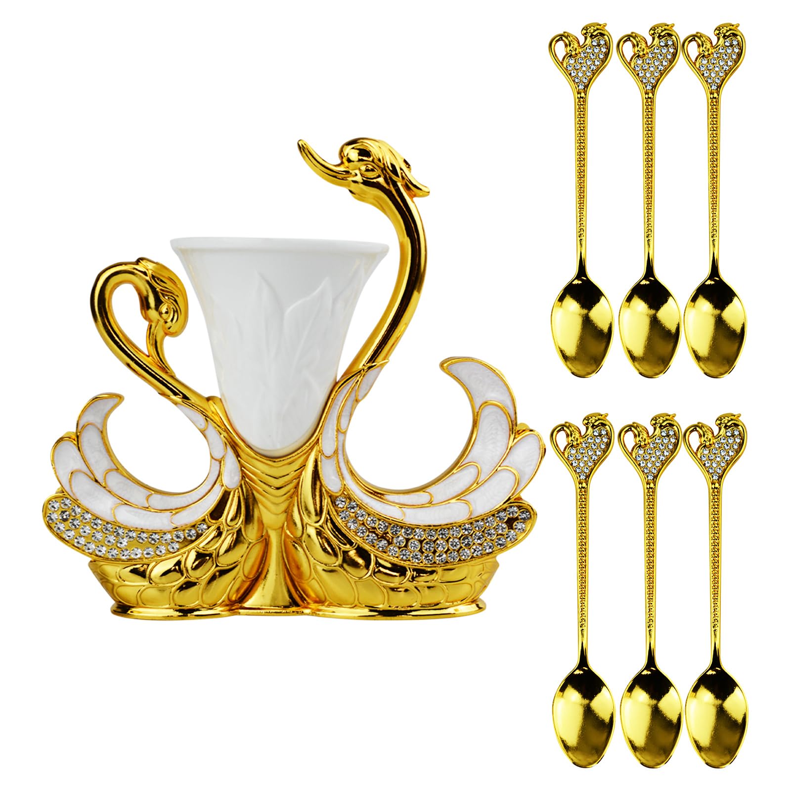 Coffee Spoon Set, Metal Swan Base Holder Dessert Spoon Organizer With 6Pcs Spoons Teaspoon Dessert Flatware Set For Coffee Fruit