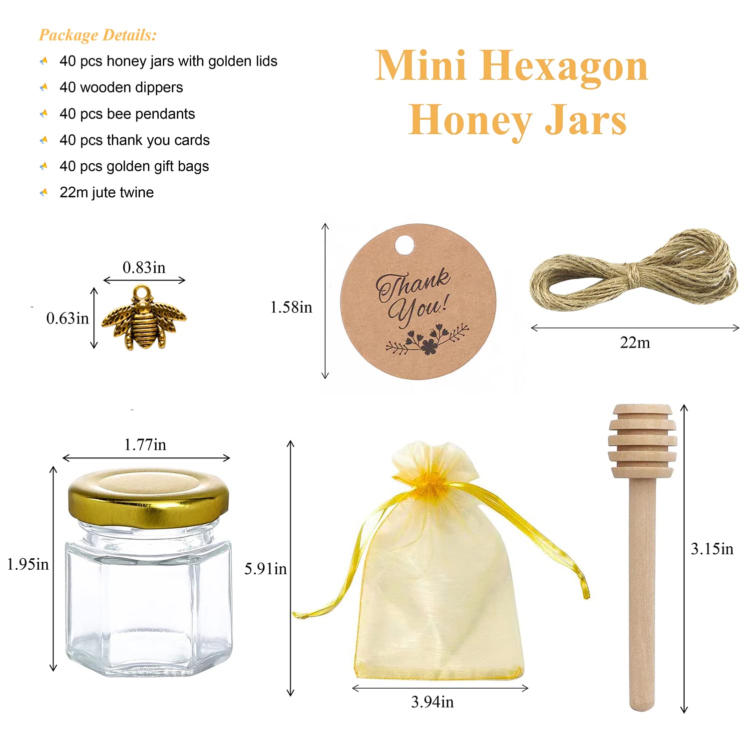Iikum 40 Pack 1.5 Oz Hexagon Mini Glass Honey Jars With Wooden Dippers, Gold Lids, Bee Pendants, Golden Gift Bags, Thank You Car