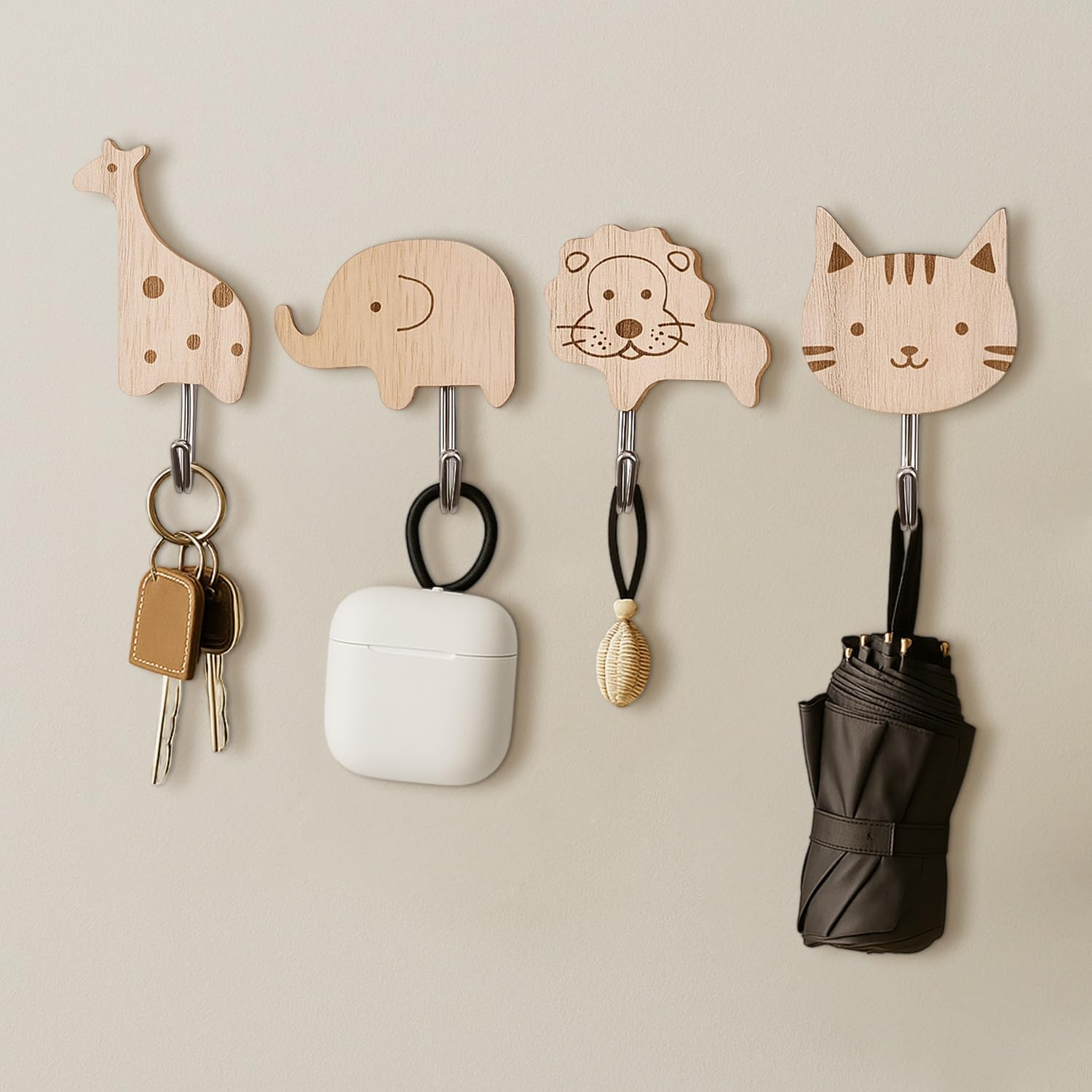 2Pcs Cartoon Wooden Wall Hooks,Wall Hook For Hanging, Cute Animal Design Adhesive Wall Hook,Decorative Hooks For Entryway, Room(
