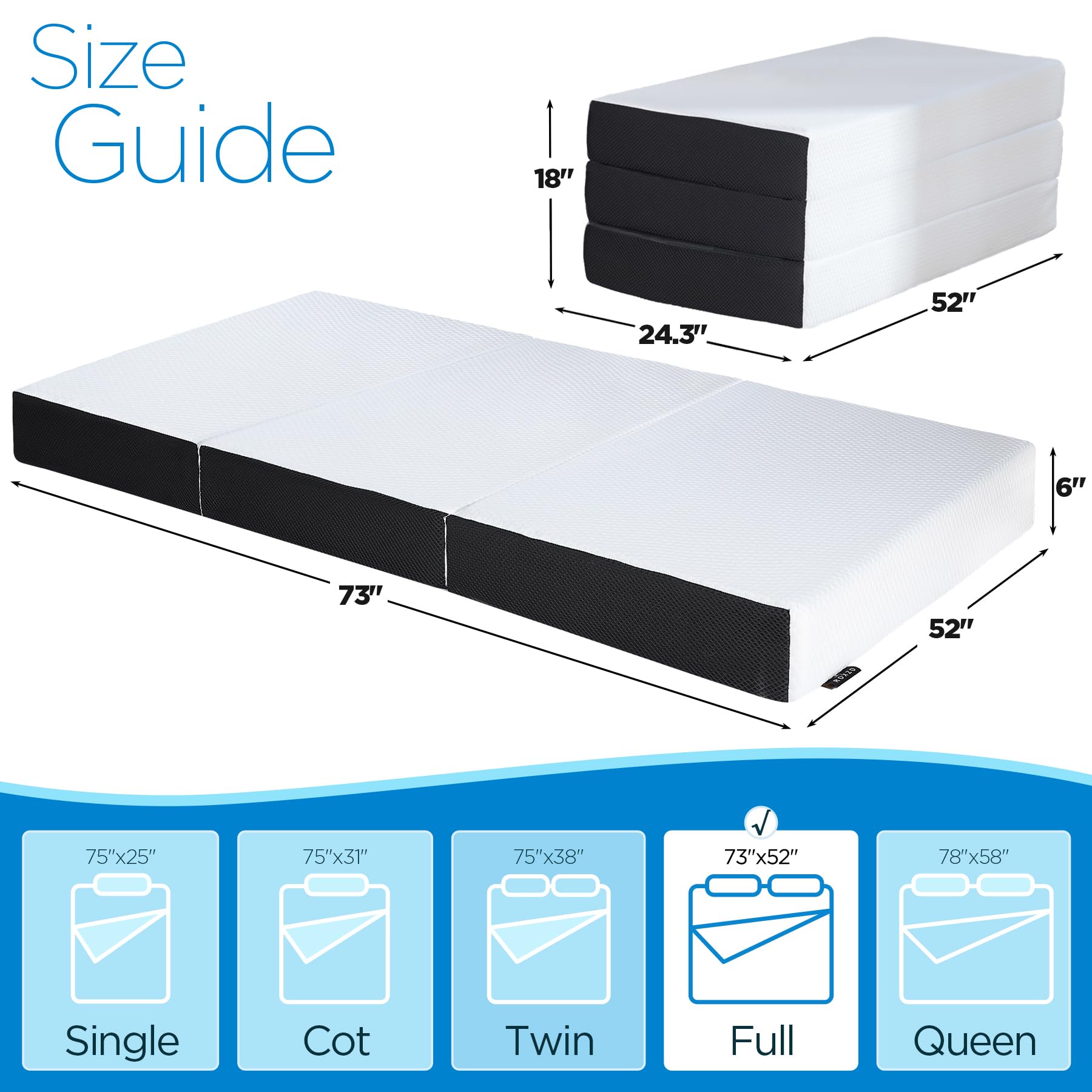 Roxzo Mattress Topper, 6 Inch Memory Foam, Full Size, Tri-Fold, Ventilated, Conform Ergonomics, Soft, Portable, Floor Guest Bed,